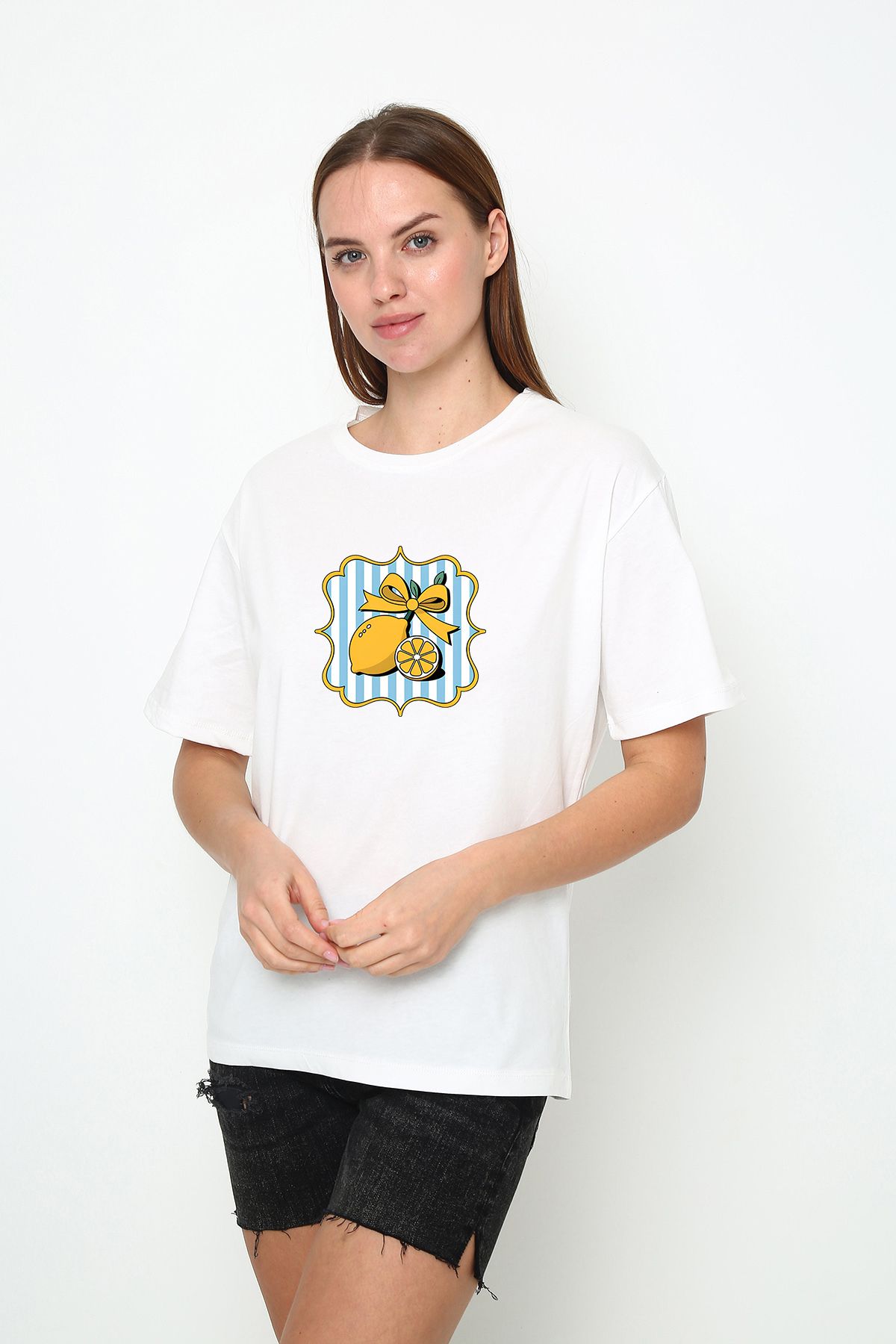 vikitekno oversize lımon fiyonk baskılı kadın t-shirt