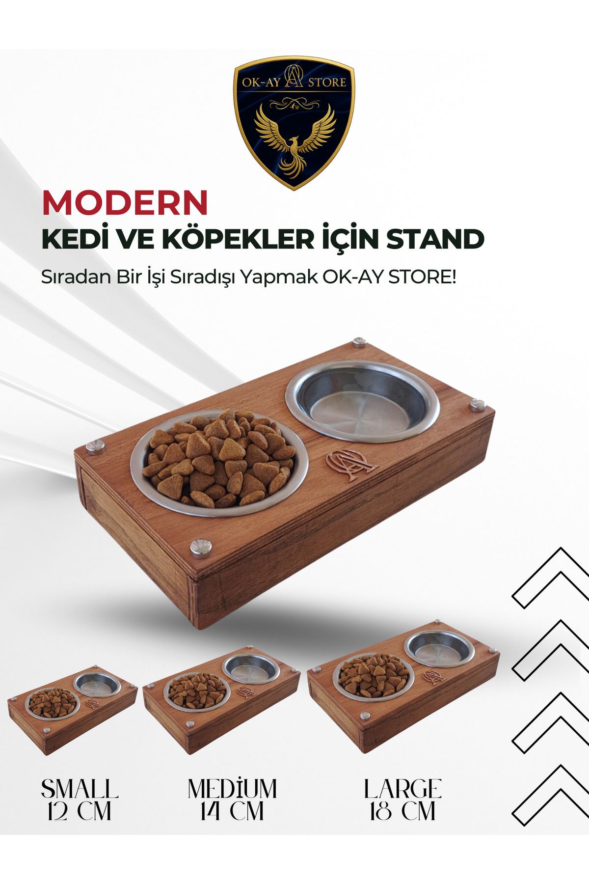 Okay Paslanmaz Çelik Kaseli Kedi Köpek Mama ve Su Kabı Standı – Ahşap Gövde, Kaymaz Tabanlı