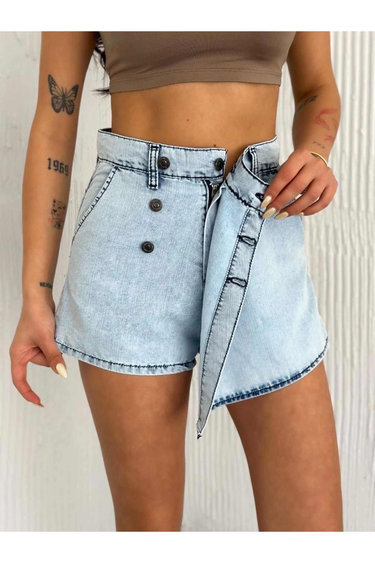 MODA Kot Jeans Kesimetrik Kesim Cepli Şortlu Etek - Gri