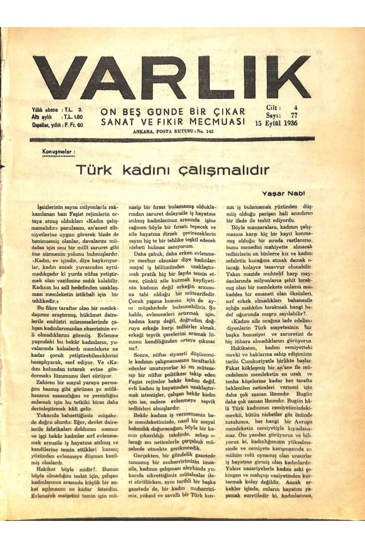 Gökçe Koleksiyon Varlık (On Beş Günde Bir Çıkar Sanat ve Fikir Mecmuası) 15 Eylül 1936 Sayı77- Küçük Sanatların Himay