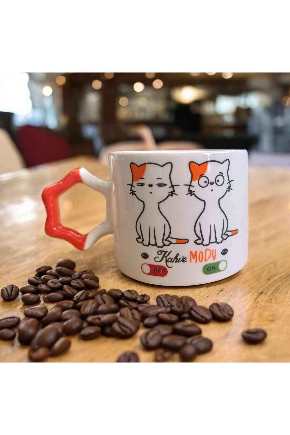 Simge Seramik Kedili Kahve Modu Çift Taraf Baskılı Yıldız Kulplu El Yapımı Doğal Seramik Mug Kupa Çay Fincanı
