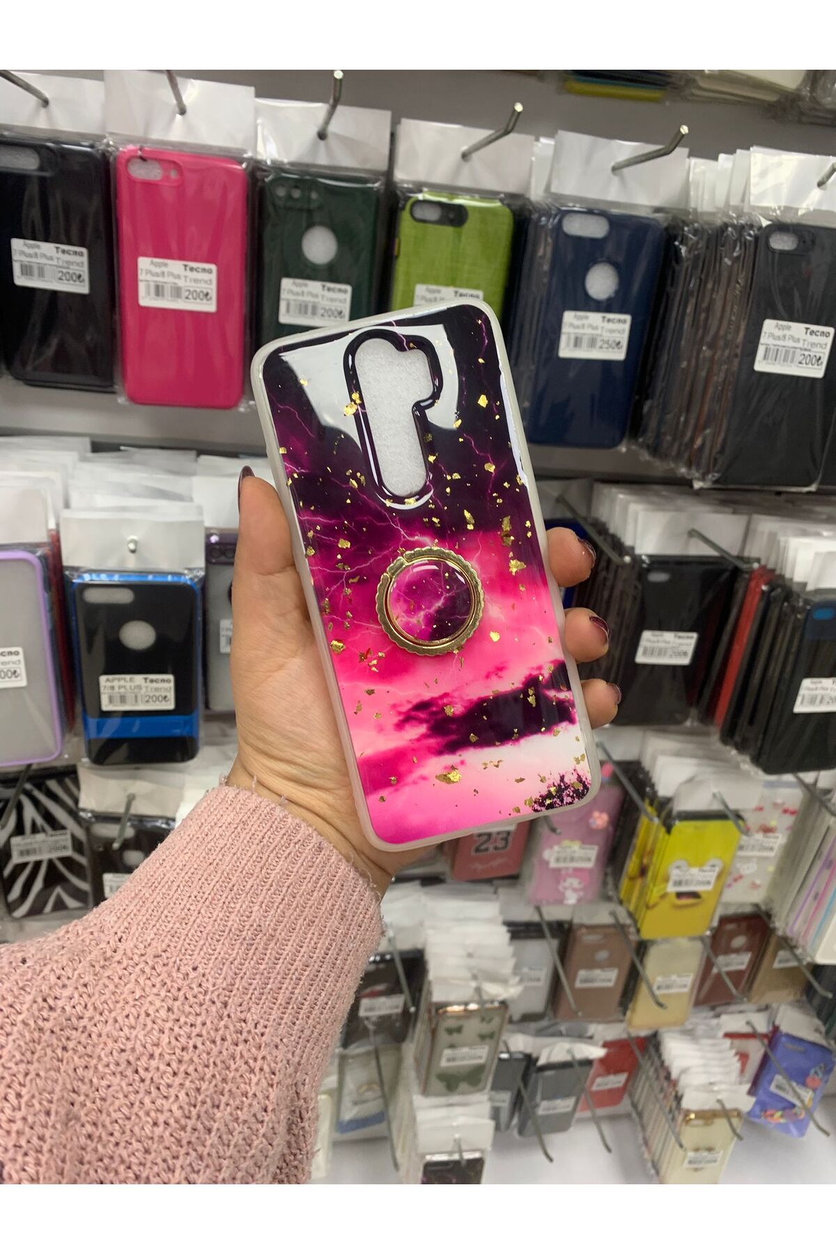 TECNOTREND Redmi Note 8 Pro uyumlu Yüzüklü altın parçacıklı mermer desenli silikon kılıf