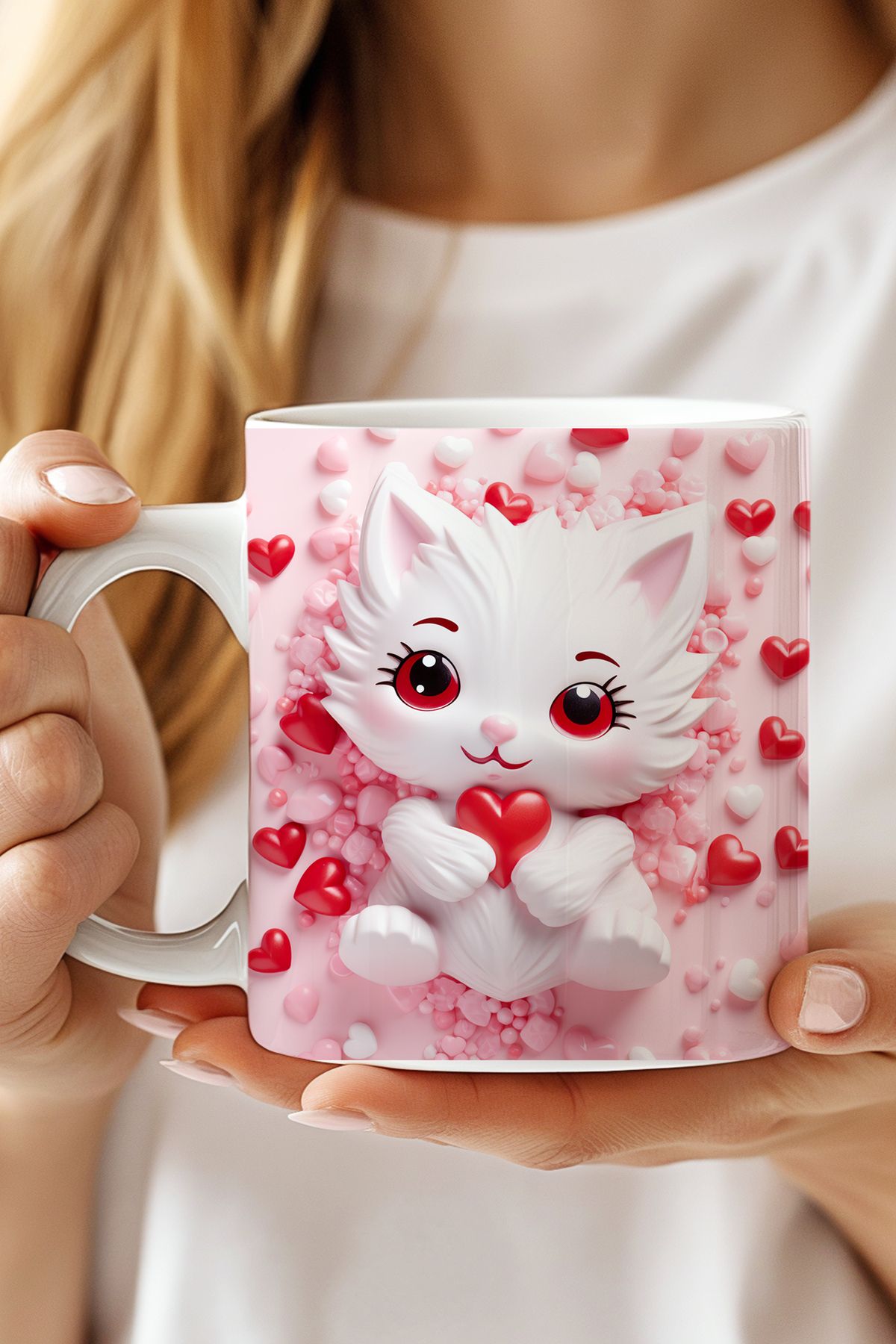 expreshediye 3D Beyaz Kalpli Kedi, 3D Efektli Kupa Bardak, Kedili 3D Bardak