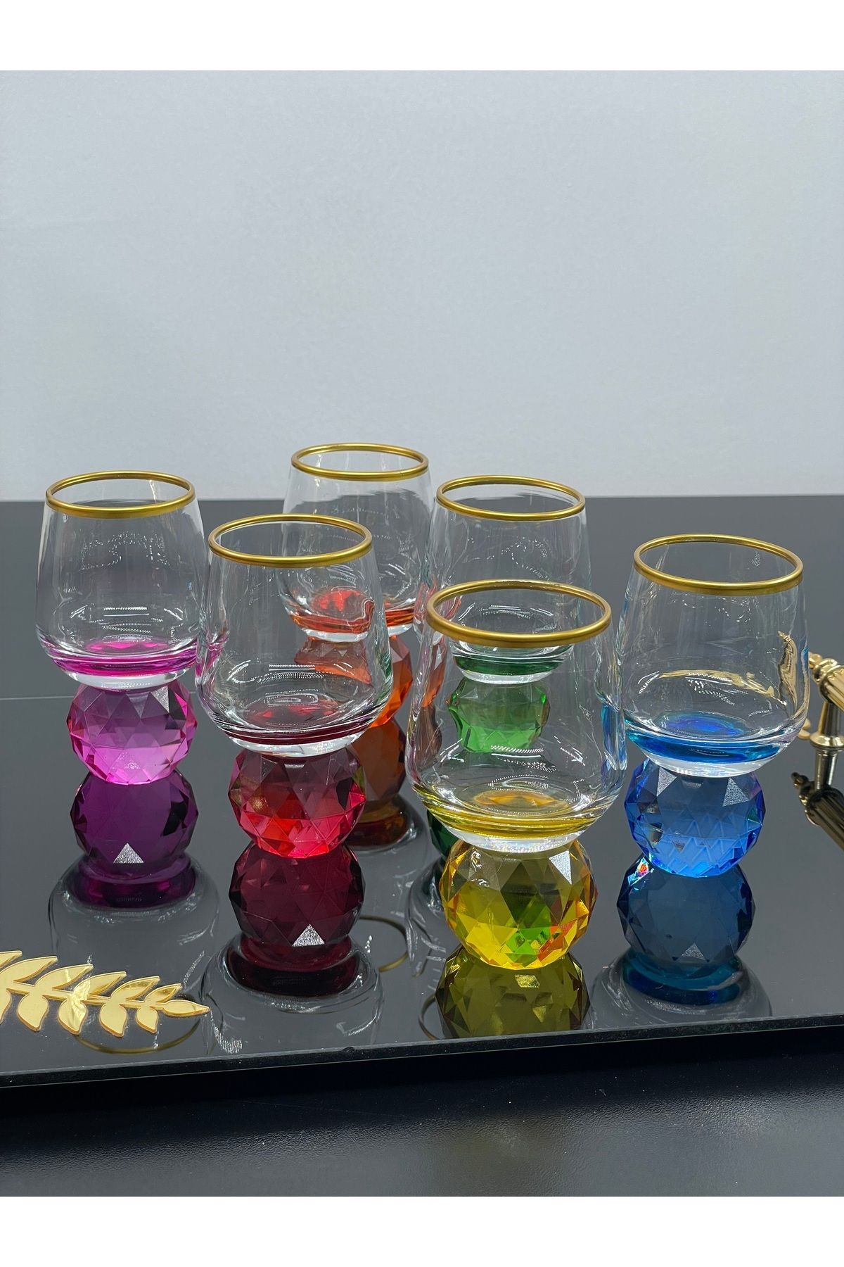 YzHome 6 Kişilik Cam Elmas Ayaklı Renkli Yaldızlı Kahve Yanı Bardağı Bardak 50ml