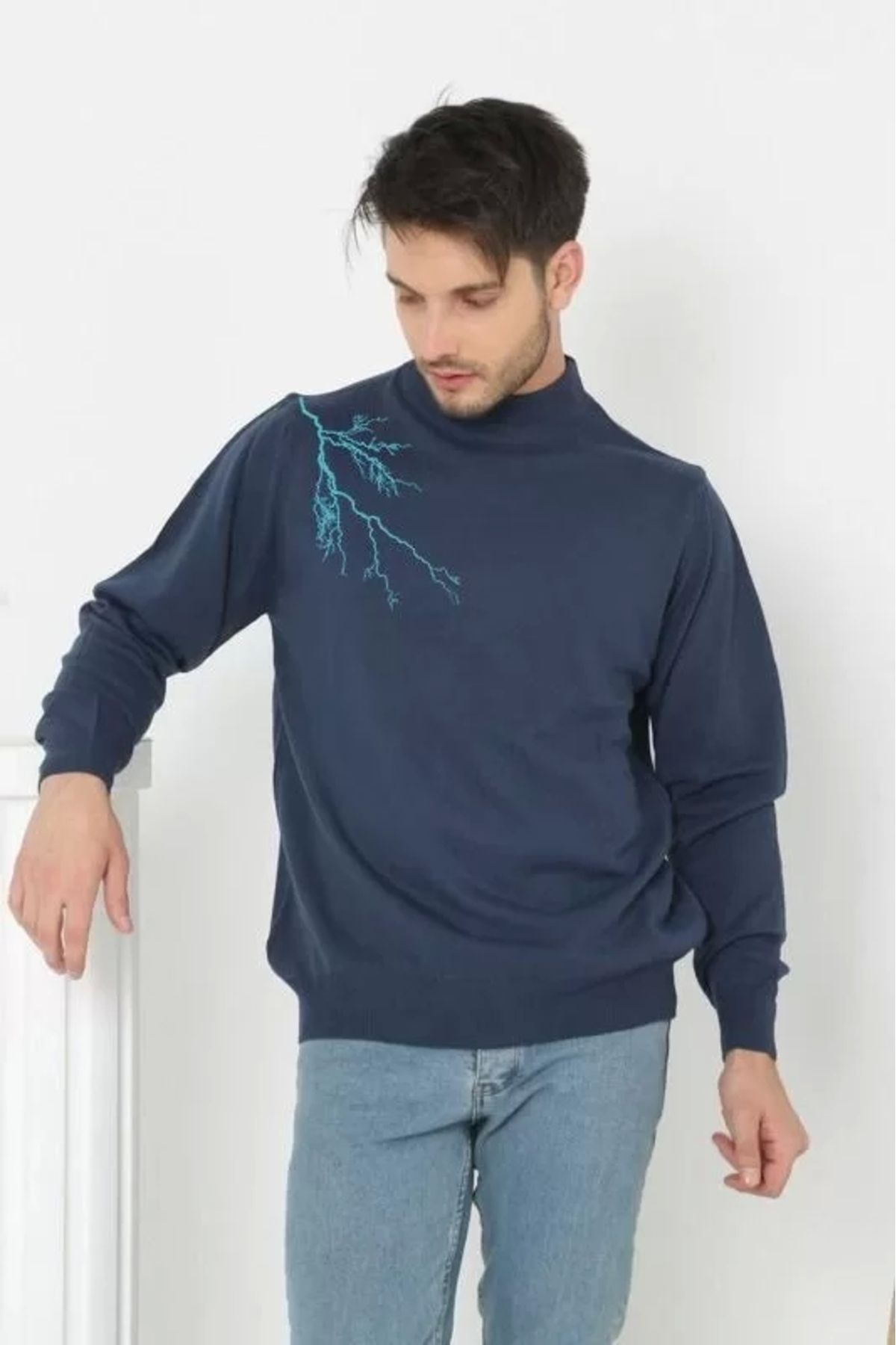 Robahood Unisex Yarım Boğazlı Baskılı Dokuma Triko - Indigo