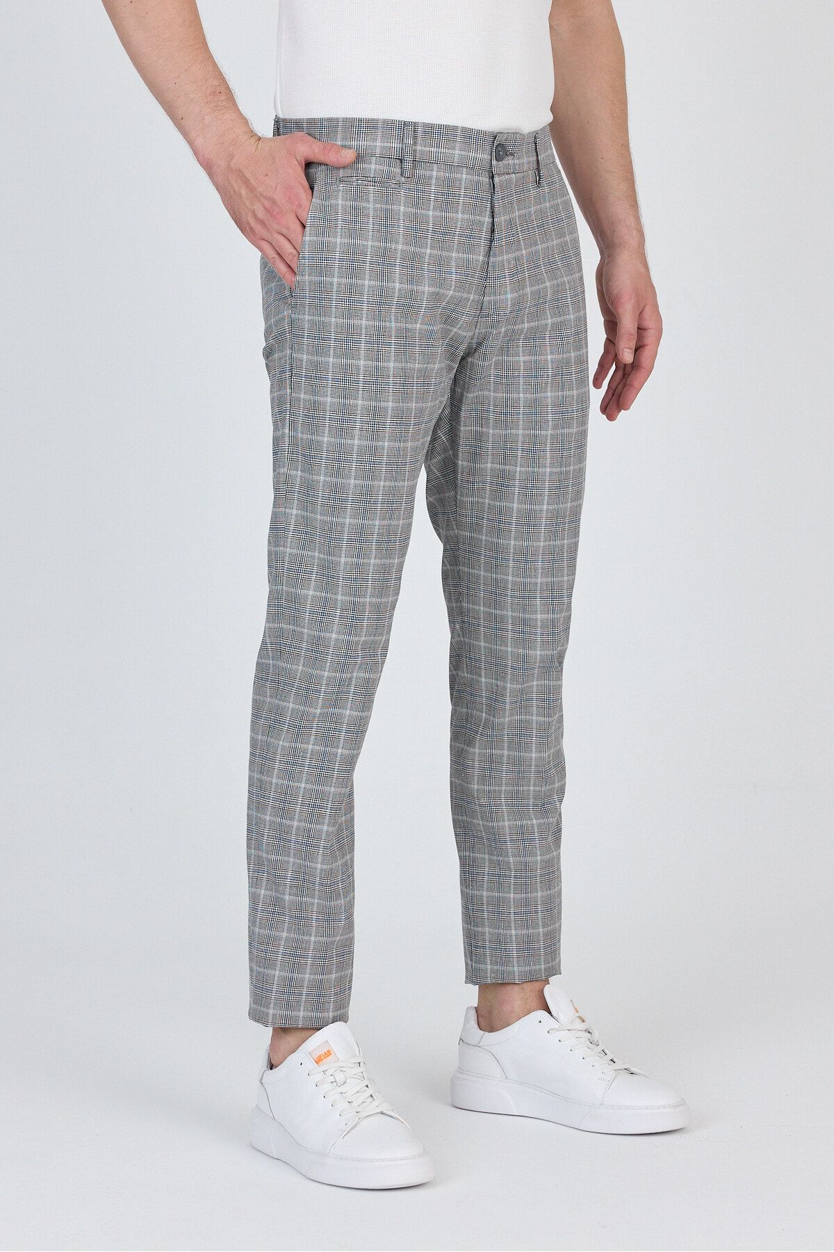 Frappoli Ecmio Erkek Gri Ekose Keten Görünümlü İnce İlkbahar-Yaz Slim Fit Pantalon