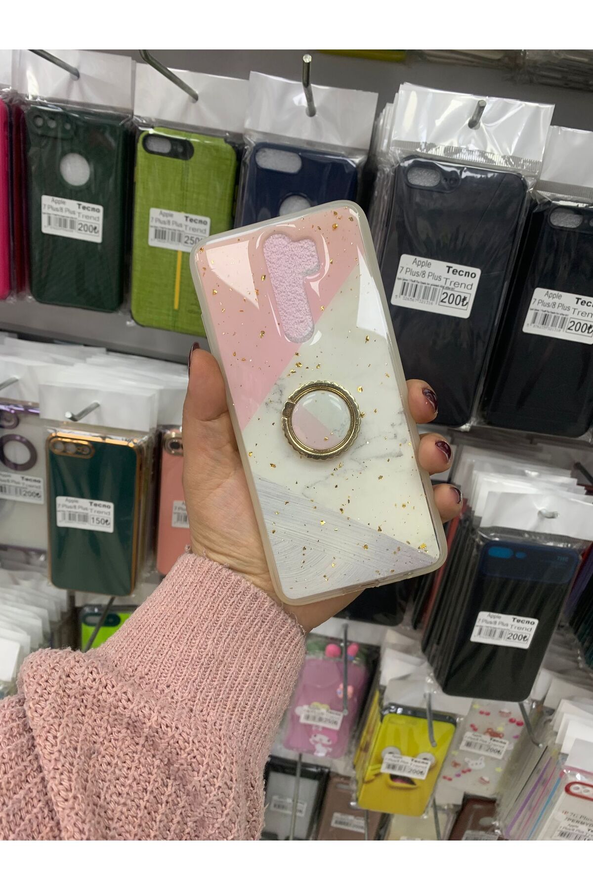 TECNOTREND Redmi Note 8 Pro uyumlu Yüzüklü altın parçacıklı mermer desenli silikon kılıf
