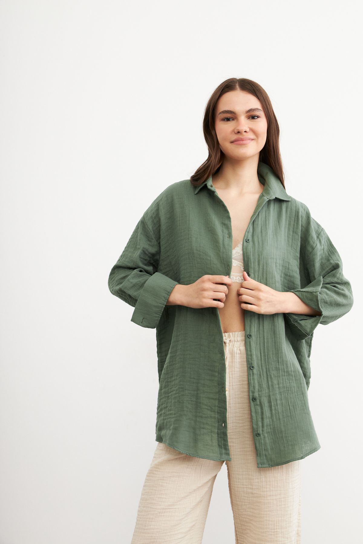 Yefrastore Oversize Basic Müslin Gömlek YEŞİL
