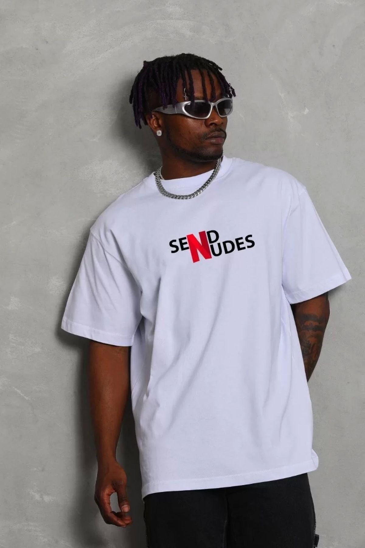 Robahood Unisex Bisiklet Yaka Double Oversize Baskılı T-Shirt - Beyaz