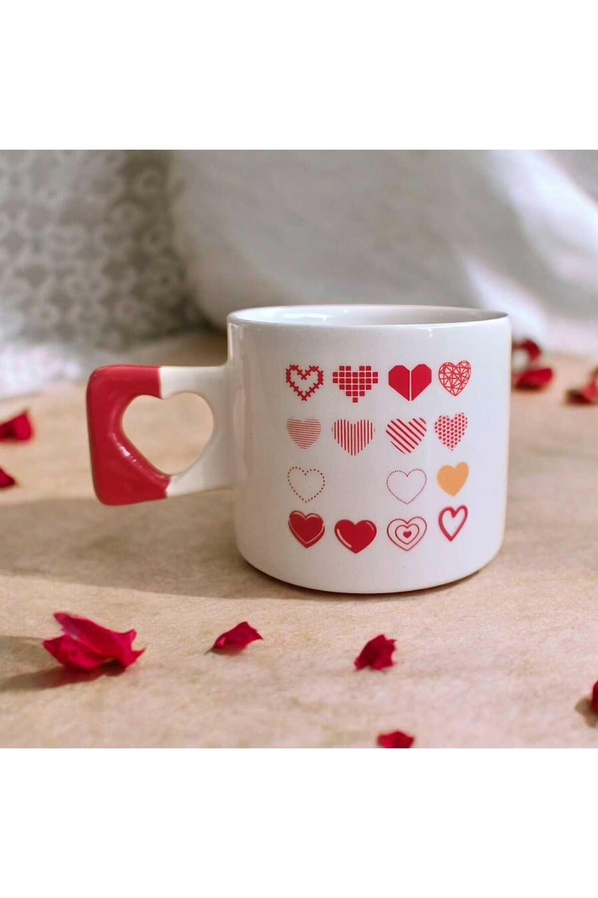 Simge Seramik KaLpLeR Çift Taraf Baskılı Kalp Kulplu El Yapımı Doğal Seramik Mug Kupa Çay Cappuccino Fincanı
