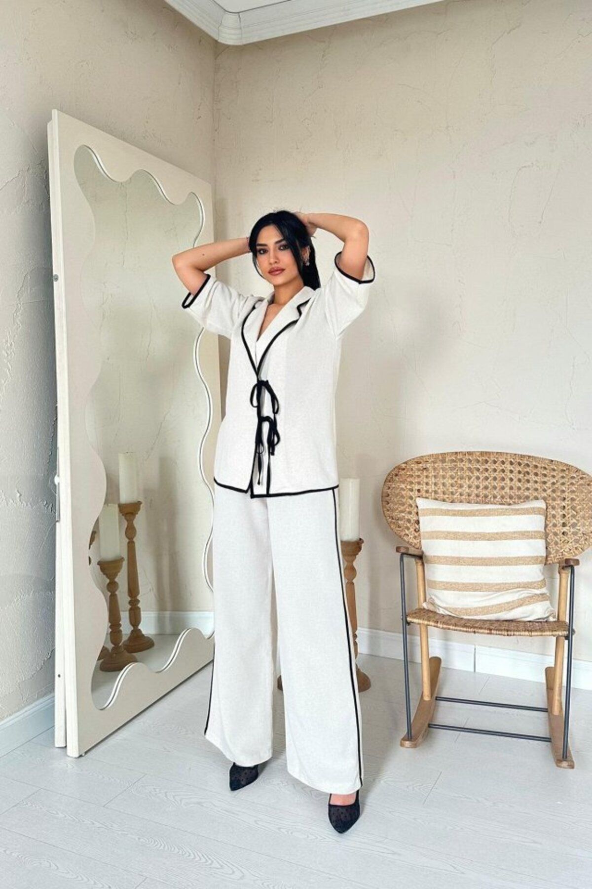 Şair Bej Biye Detaylı Keten Takım