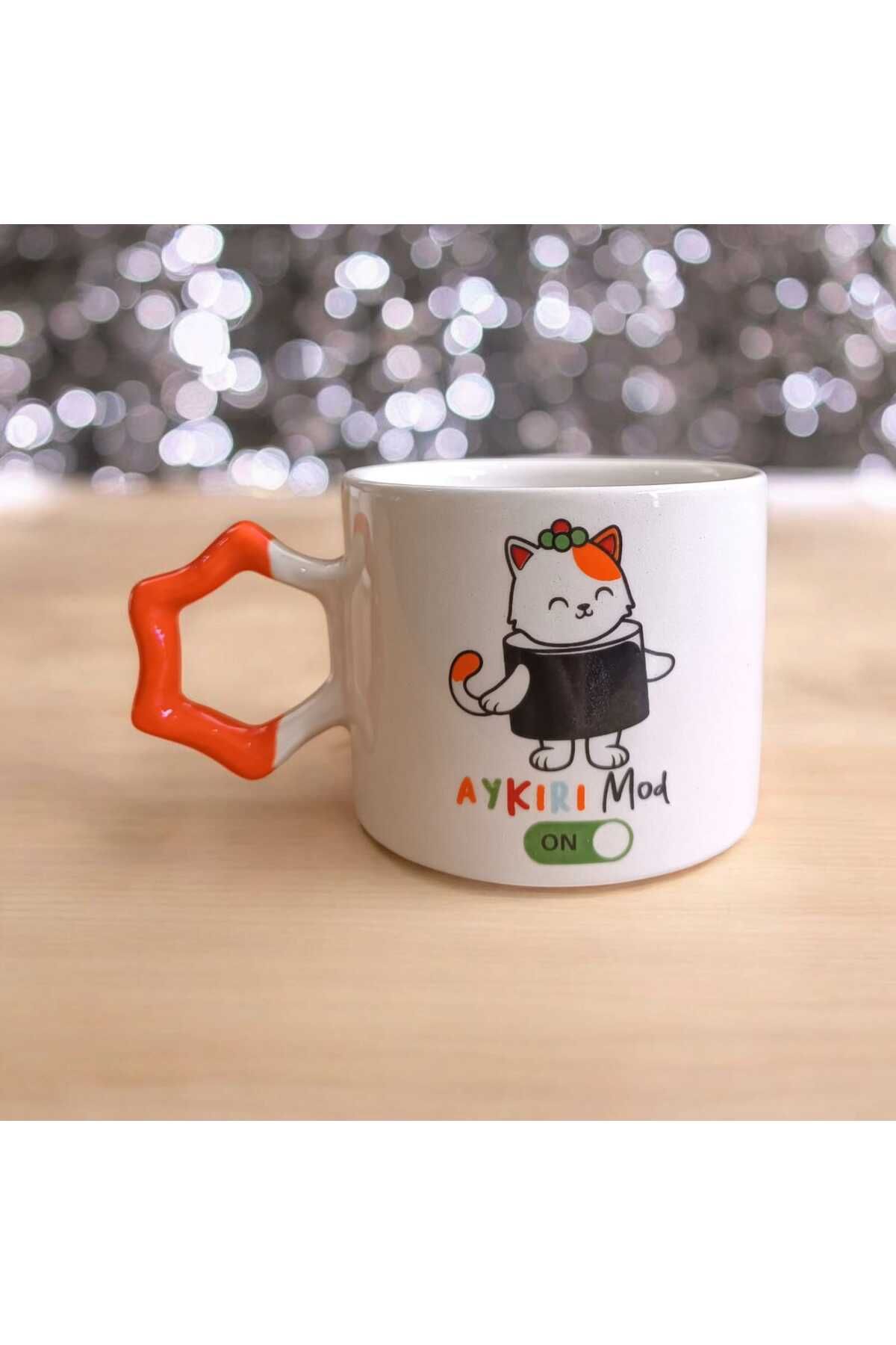 Simge Seramik Aykırı Mod Çift Taraf Baskılı Yıldız Kulplu El Yapımı Doğal Seramik Mug Kupa Çay Cappuccino Fincanı