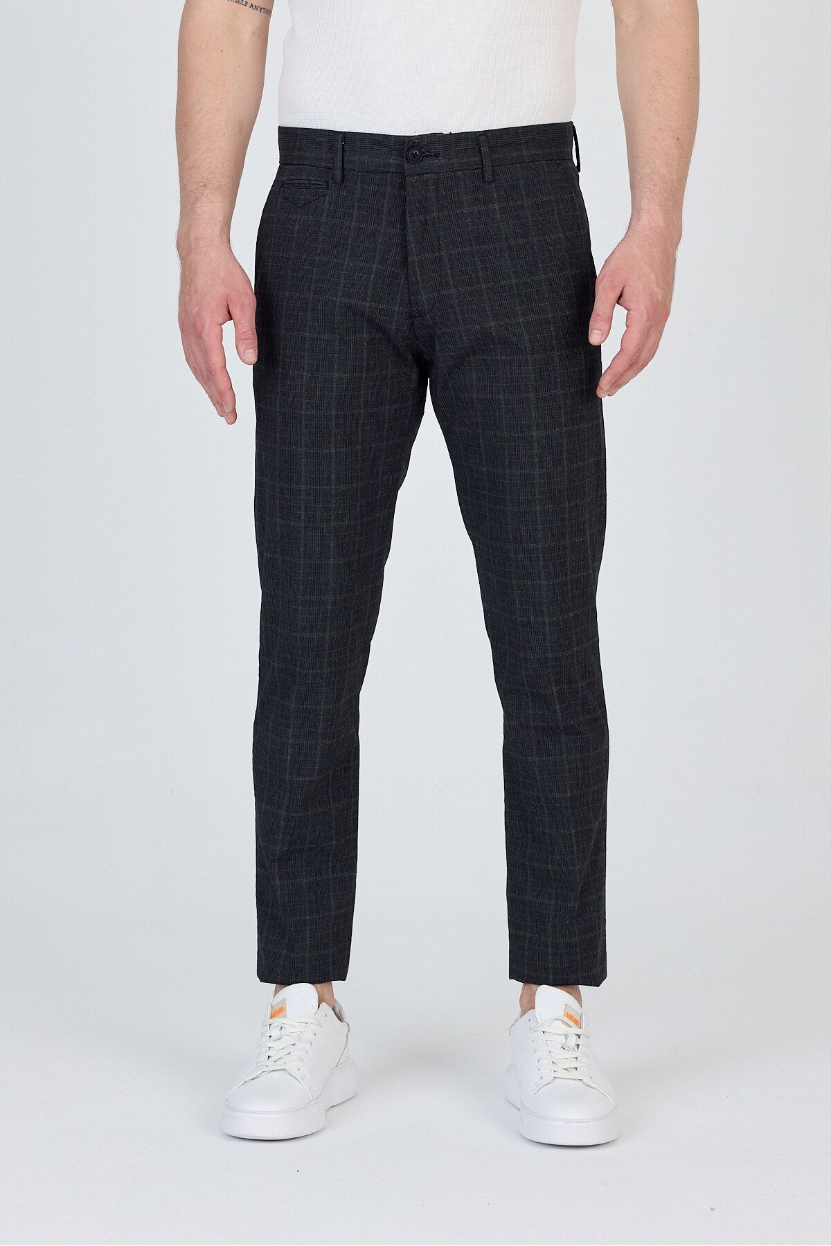 Frappoli Ecmio Erkek Siyah Ekose Keten Görünümlü İnce İlkbahar-Yaz Slim Fit Pantalon
