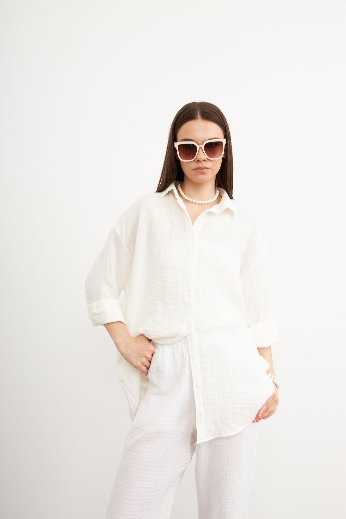 Yefrastore Oversize Basic Müslin Gömlek BEYAZ