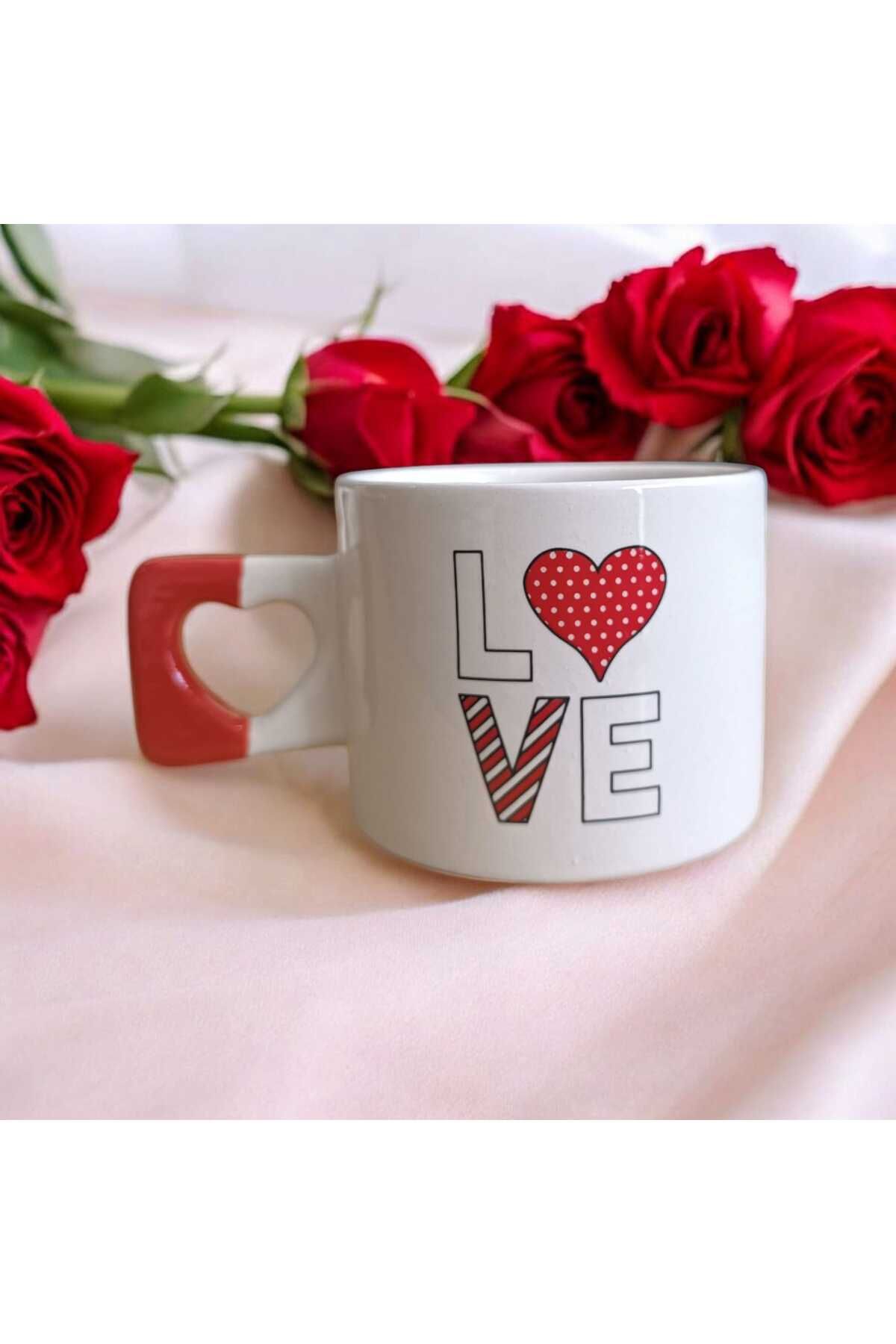 Simge Seramik L O V E Çift Taraf Baskılı Kalp Kulplu El Yapımı Doğal Seramik Mug Kupa Çay Cappuccino Fincanı