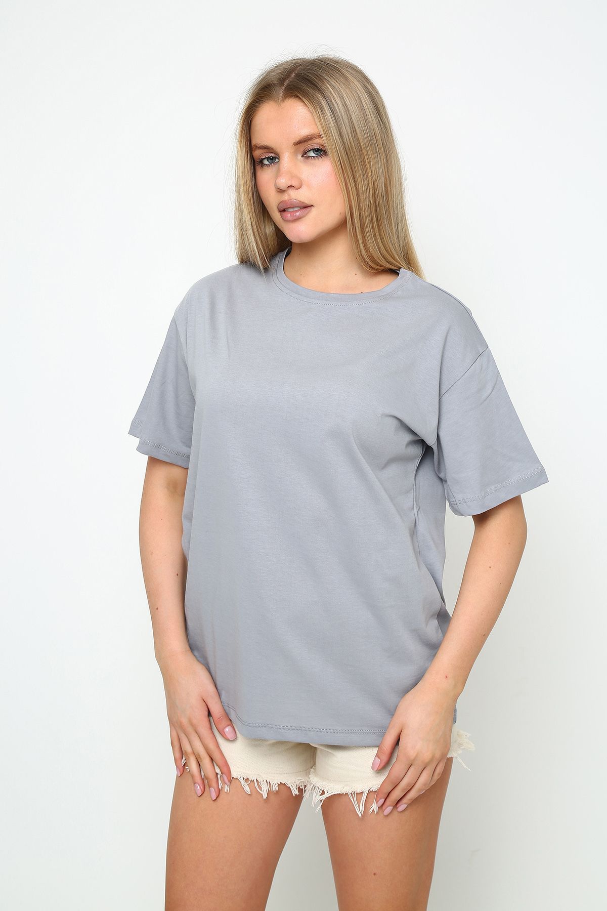 vikitekno oversize düz baskısız bisiklet yaka kadın t-shirt