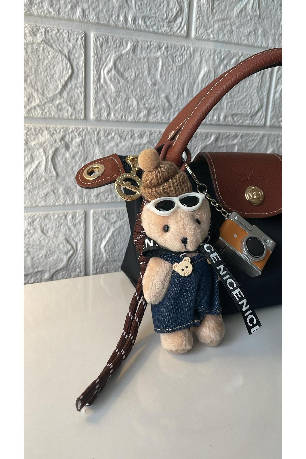Sheymace Yeni Ayıcık & Peluş Gözlük ve Kamera Detaylı Çanta Charm Trend Çanta Anahtarlık Çanta Süsü