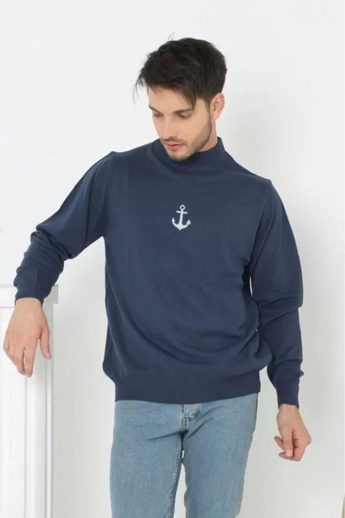 Robahood Unisex Yarım Boğazlı Baskılı Dokuma Triko - Indigo