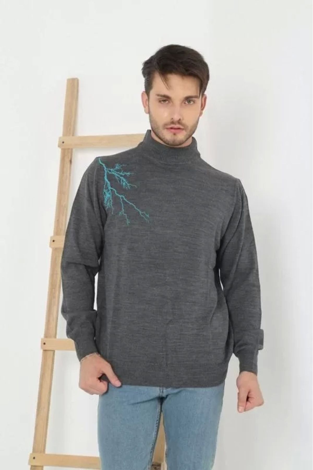 Robahood Unisex Yarım Boğazlı Baskılı Dokuma Triko - Füme
