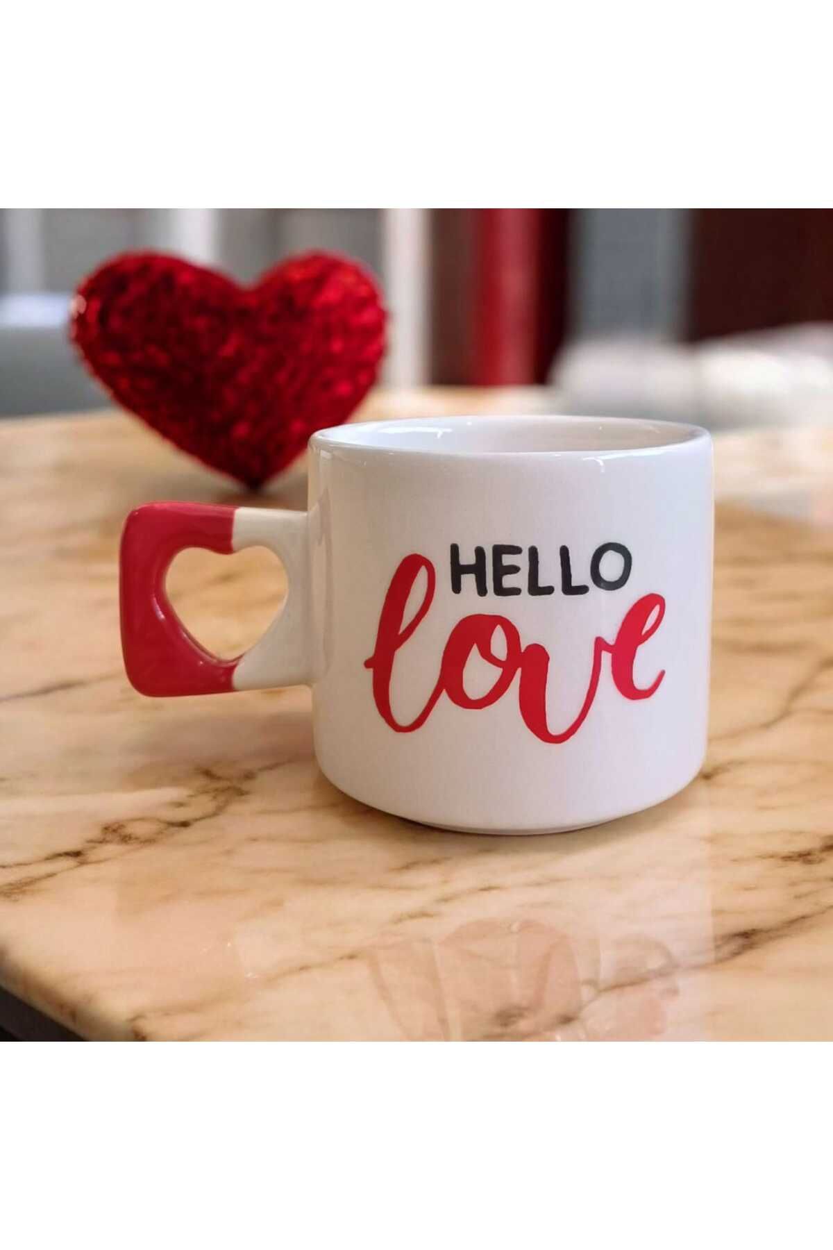 Simge Seramik Hello Love Çift Taraf Baskılı Kalp Kulplu El Yapımı Doğal Seramik Mug Kupa Çay Cappuccino Fincanı