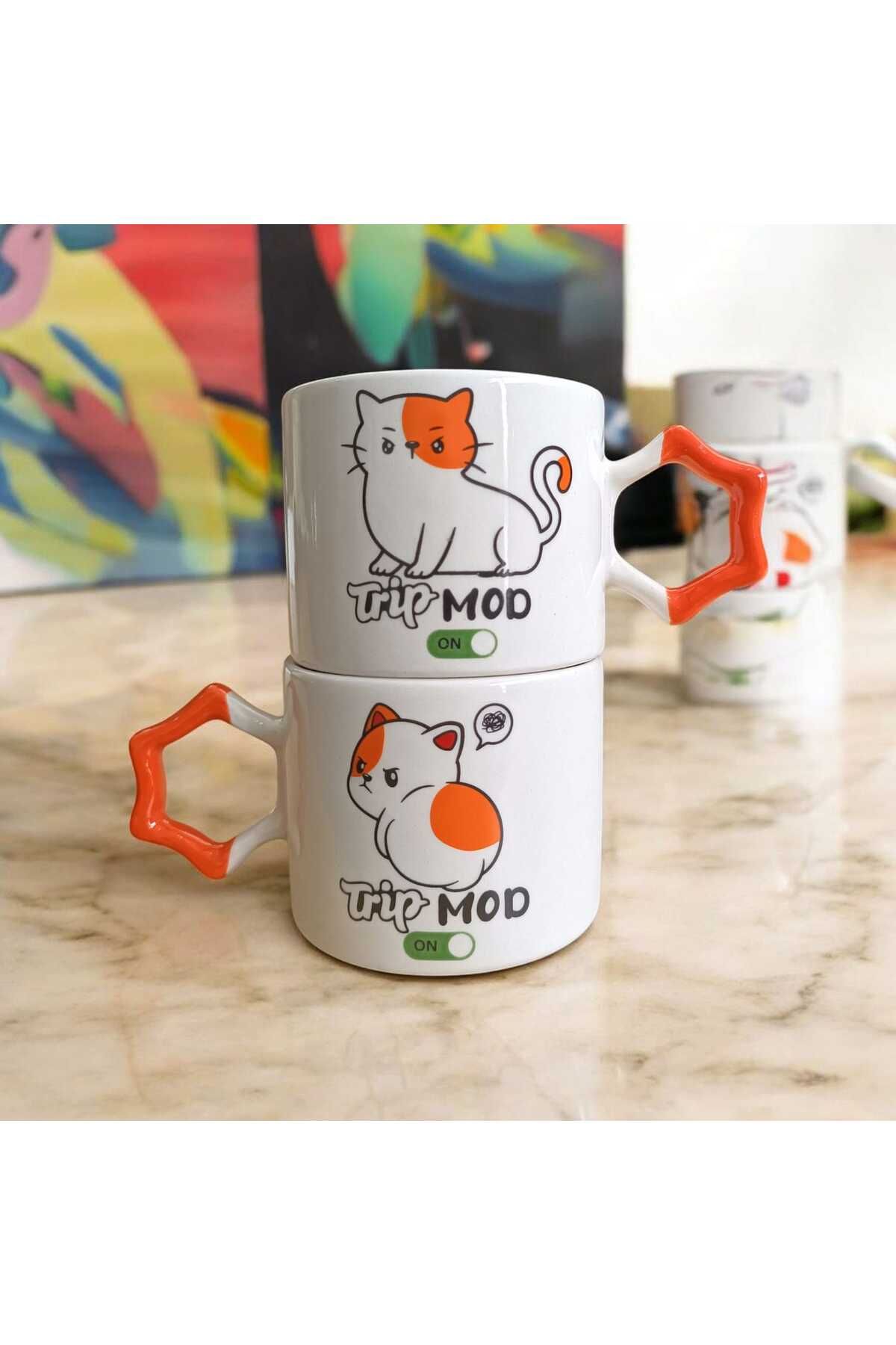 Simge Seramik İkili Trip Modu Çift Taraf Baskılı Yıldız Kulplu El Yapımı Seramik Mug Kupa Çay Cappuccino Fincanı