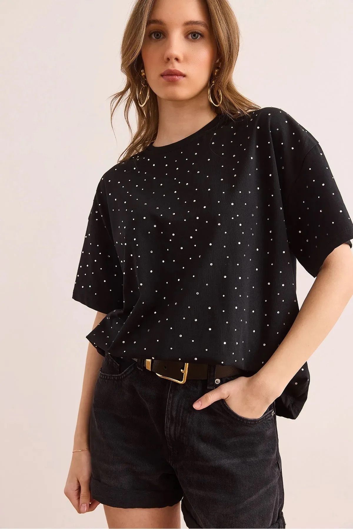 Elysira Kadın Full Taş Detaylı Bisiklet Yaka %100 Pamuk T-shirt