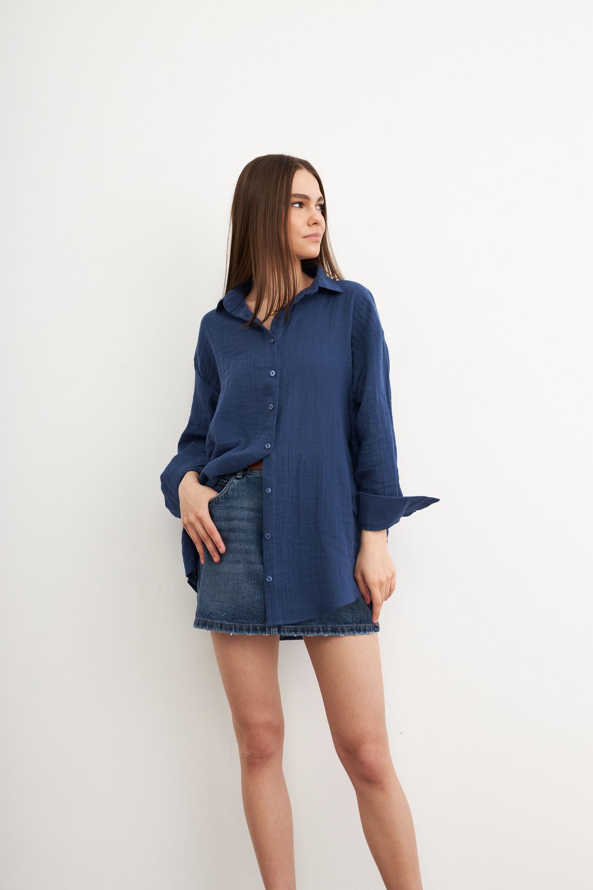 Yefrastore Oversize Basic Müslin Gömlek LACİVERT
