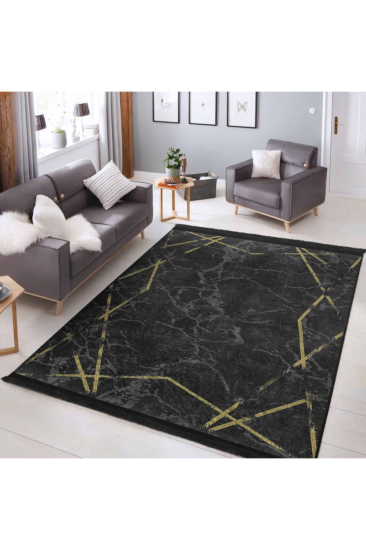 Realhomes Şık Siyah – Altın Çizgili Modern Desenli Salon Halısı - Kaymaz Taban ve Yıkanabilir Özellikli