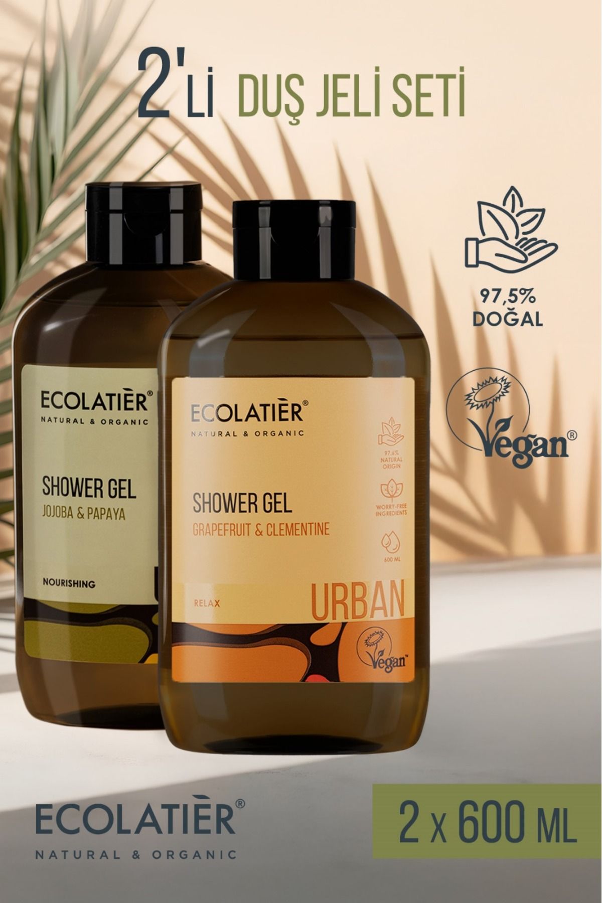 ECOLATIER Duş Jeli Seti %97,5 Doğal Vücut Şampuanı Vegan Nemlendirici, Besleyici Duş Jeli İkili Set 600 ML X 2