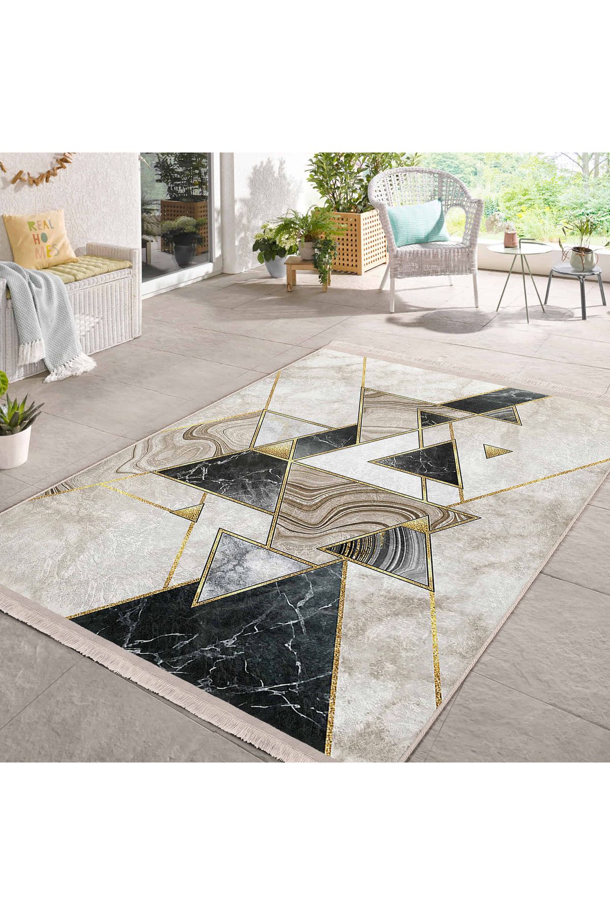 Realhomes Geometrik Desenli Modern Salon Halısı – Kaymaz Tabanlı Makinede Yıkanabilir Dikdörtgen Halı