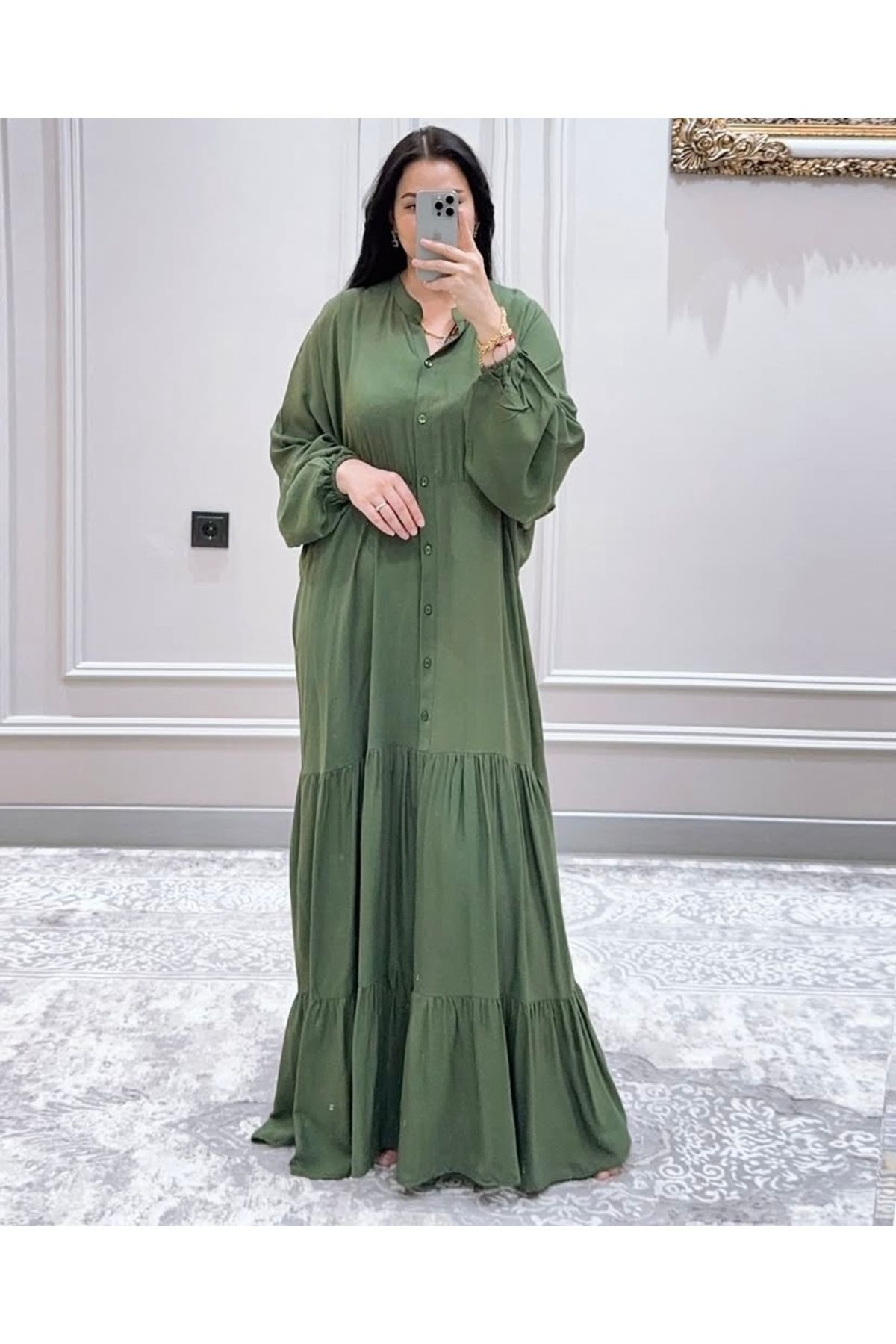 Neba Boutique Kadın Düğmeli Maxi Boy Haki Salaş Elbise