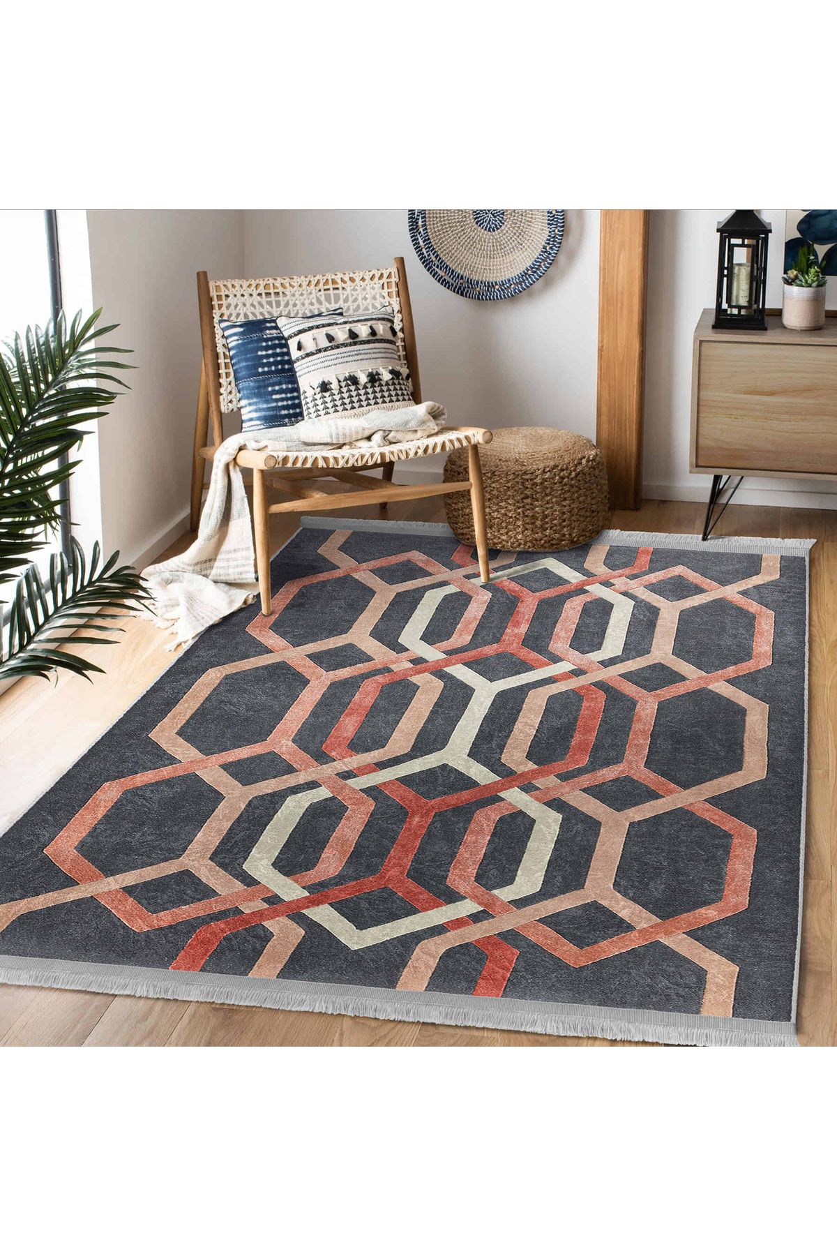 Realhomes Mavi – Bej Tonlarında Modern Geometrik Desenli Salon Halısı – Makinede Yıkanabilir Kaymaz Taban Halı