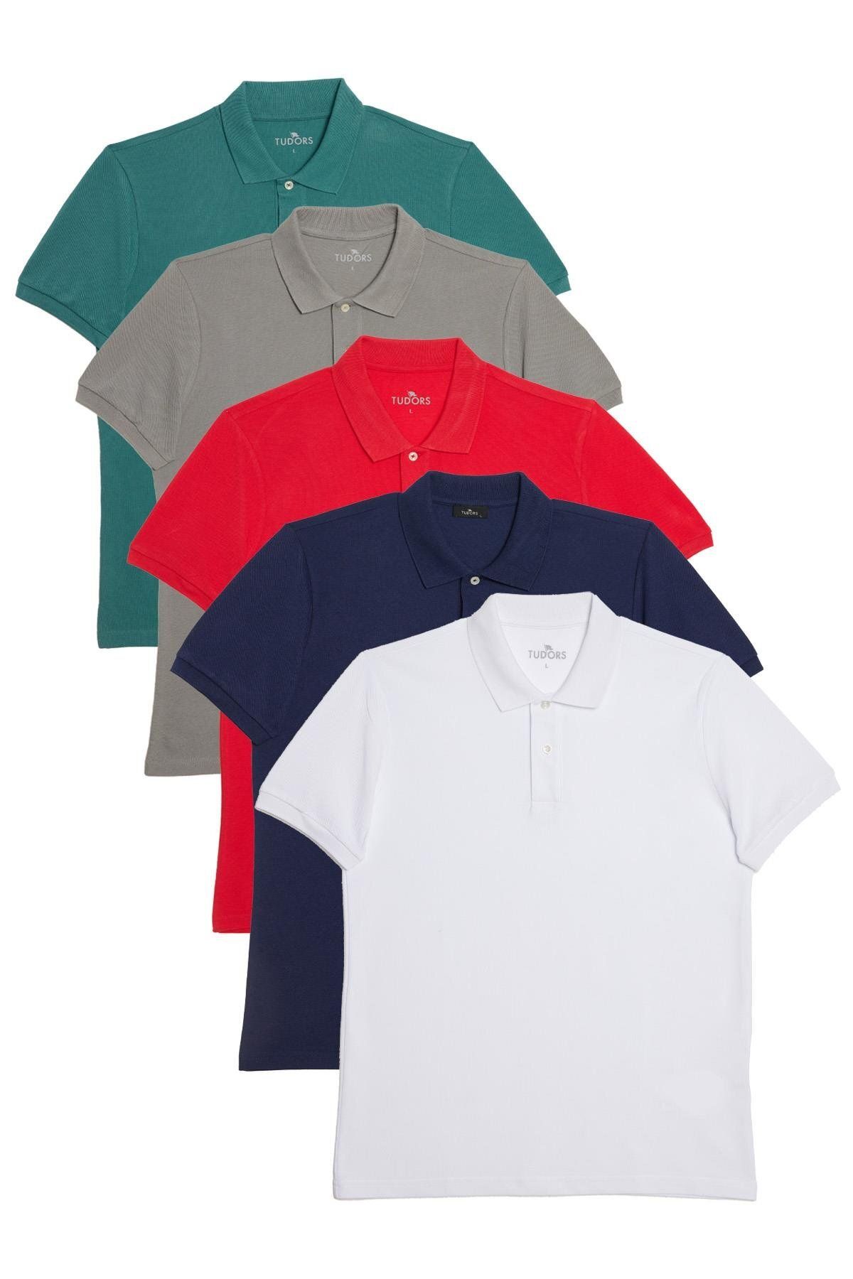 Tudors Erkek 5'li Paket Lacivert-Beyaz-Kırmızı-Taş-Mavi Slim Fit %100 Pamuk Düz Pike Polo Yaka Tişört