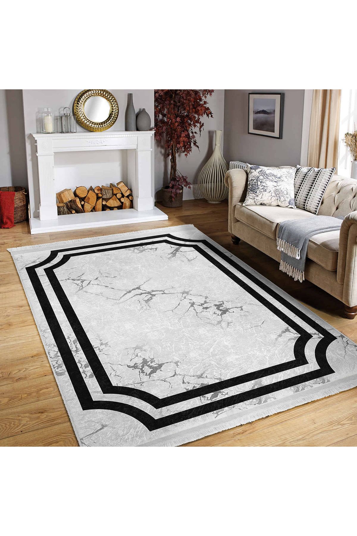 Realhomes Şık Griden Siyahı Çerçeveleyen Modern Marble Desenli Salon & Oturma Odası Yıkanabilir Kaymaz Taban