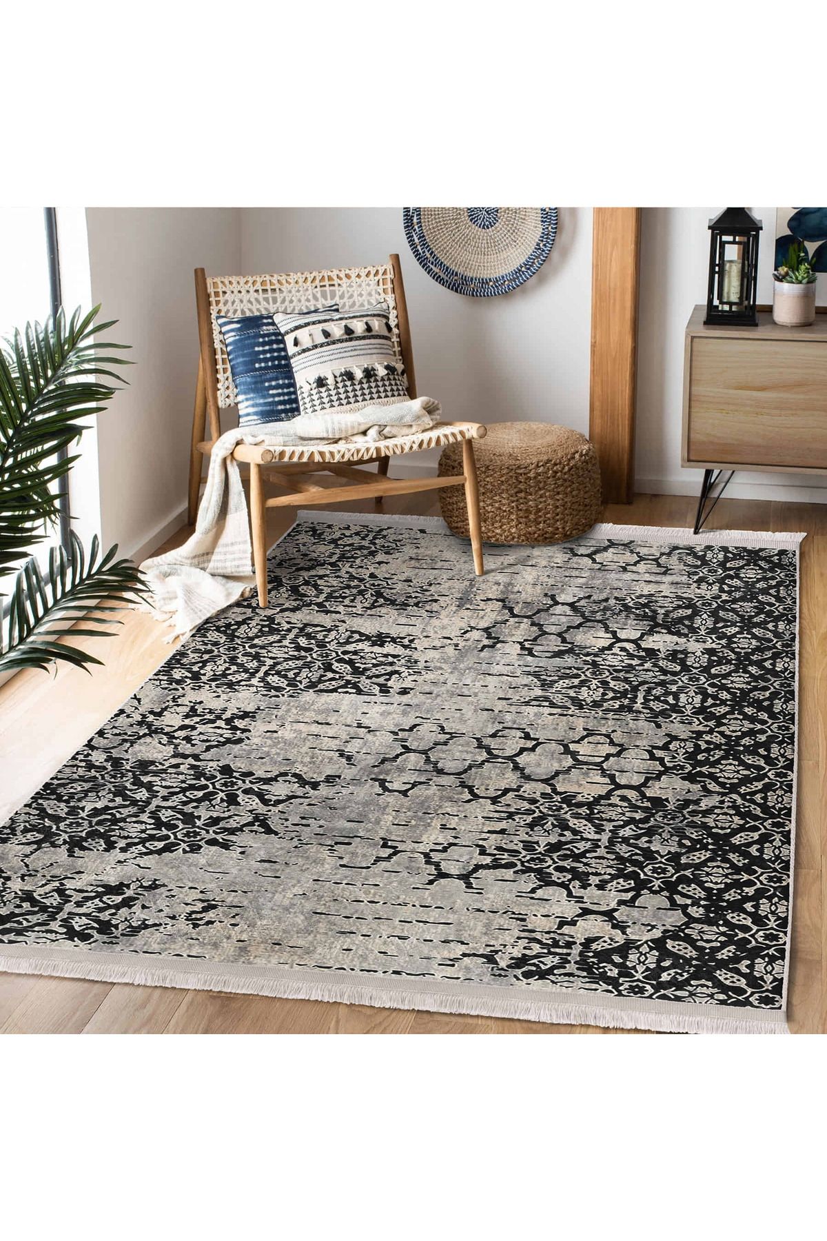 Realhomes Siyah-Beyaz Desenli Geometrik Motifli Salon için Makinede Yıkanabilir Kaymaz Taban Halı