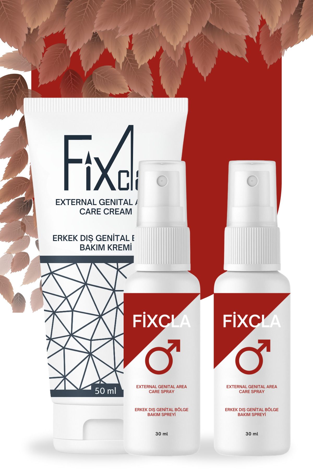 FixCla Erkek Genital Bölge Bakım Seti – 50 ml Krem + 2 Kırmızı Sprey (30 ml x2)