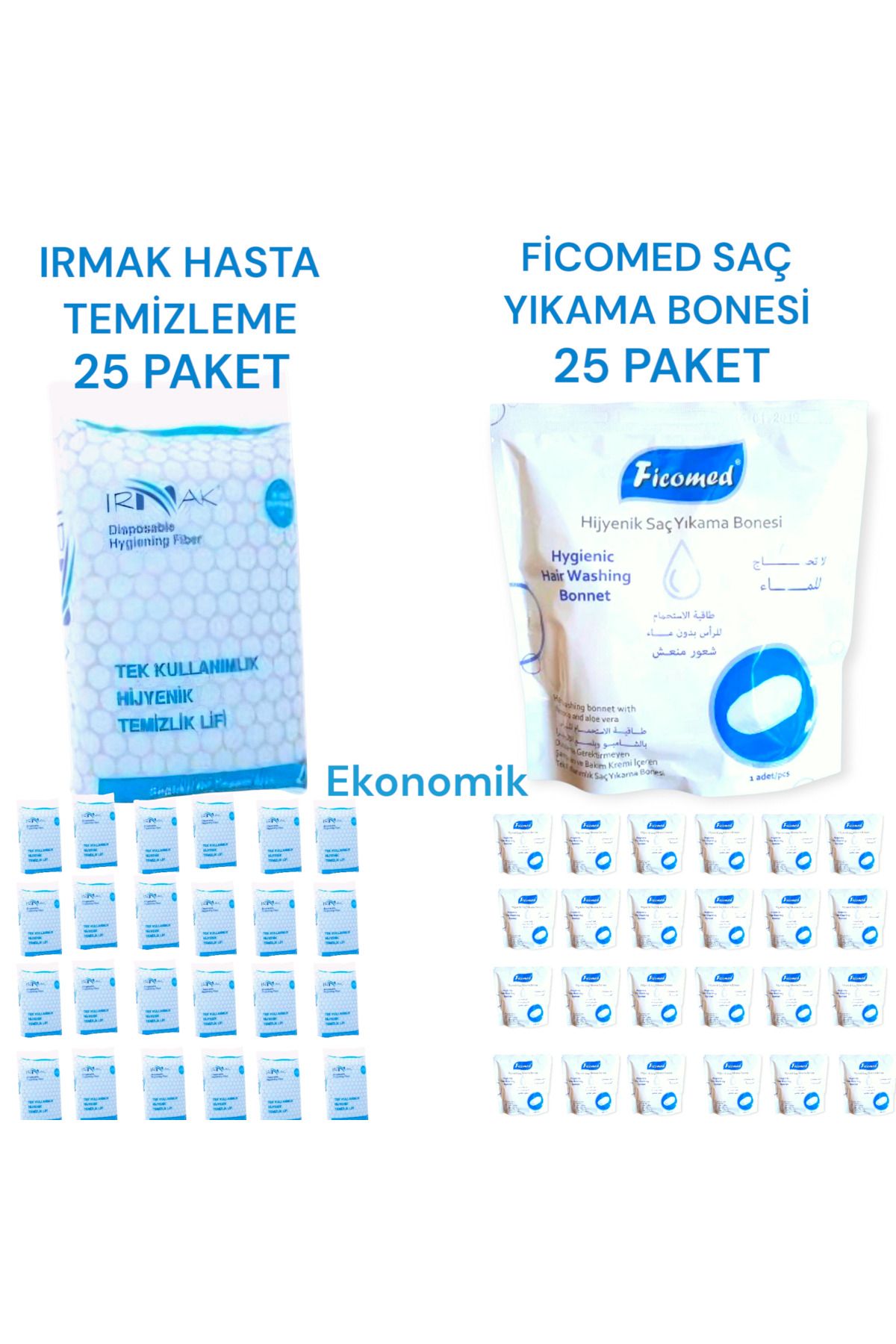 Ficomed Saç Yıkama Bonesi Ve Irmak Hasta Temizleme Lifi 2 Li Set ( 25+25 PAKET )