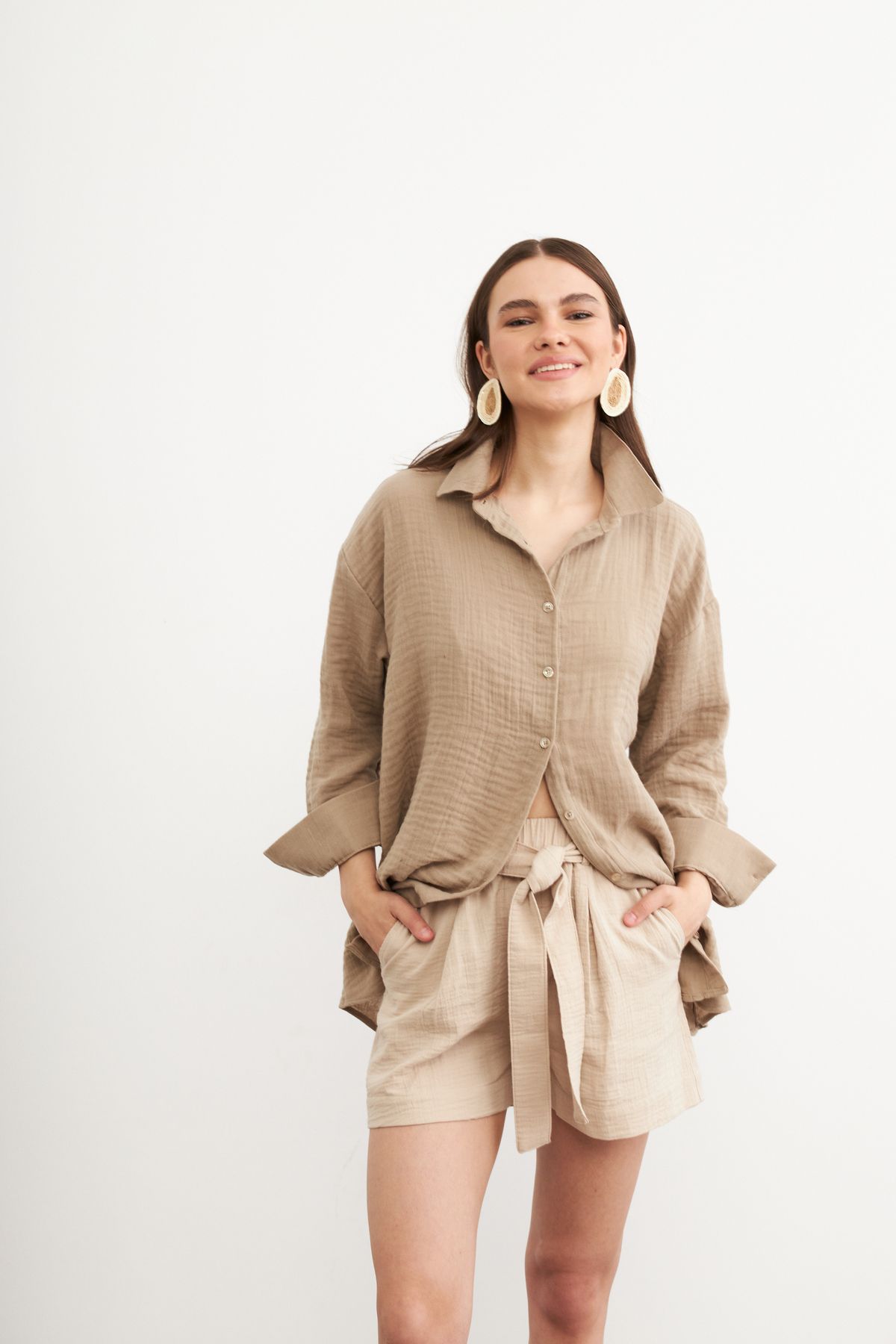 Yefrastore Oversize Basic Müslin Gömlek KUM BEJİ
