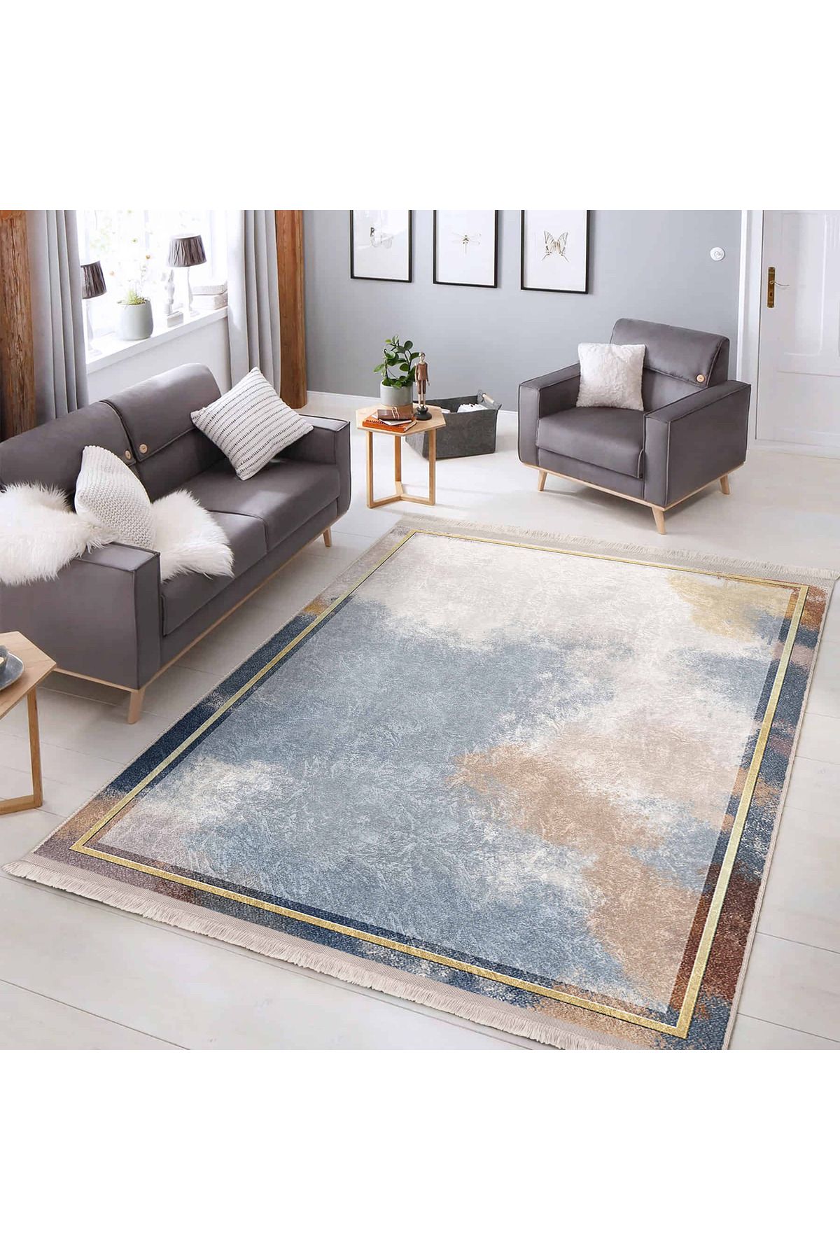 Realhomes Soyut Mavi ve Bej Tonlarında Modern Desenli Salon Halısı - Makinede Yıkanabilir Kaymaz Tabanlı