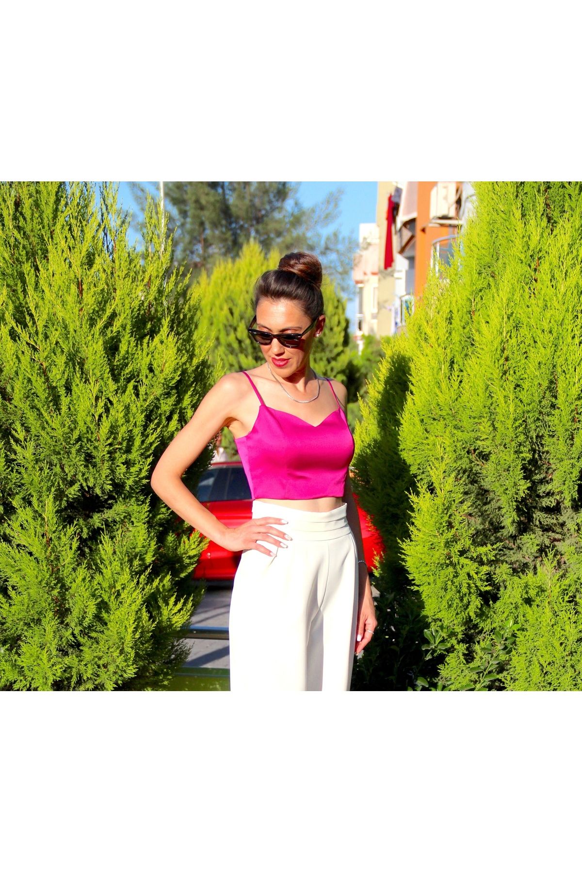 LAGÜN MODA Fuşya Pembe Saten Crop
