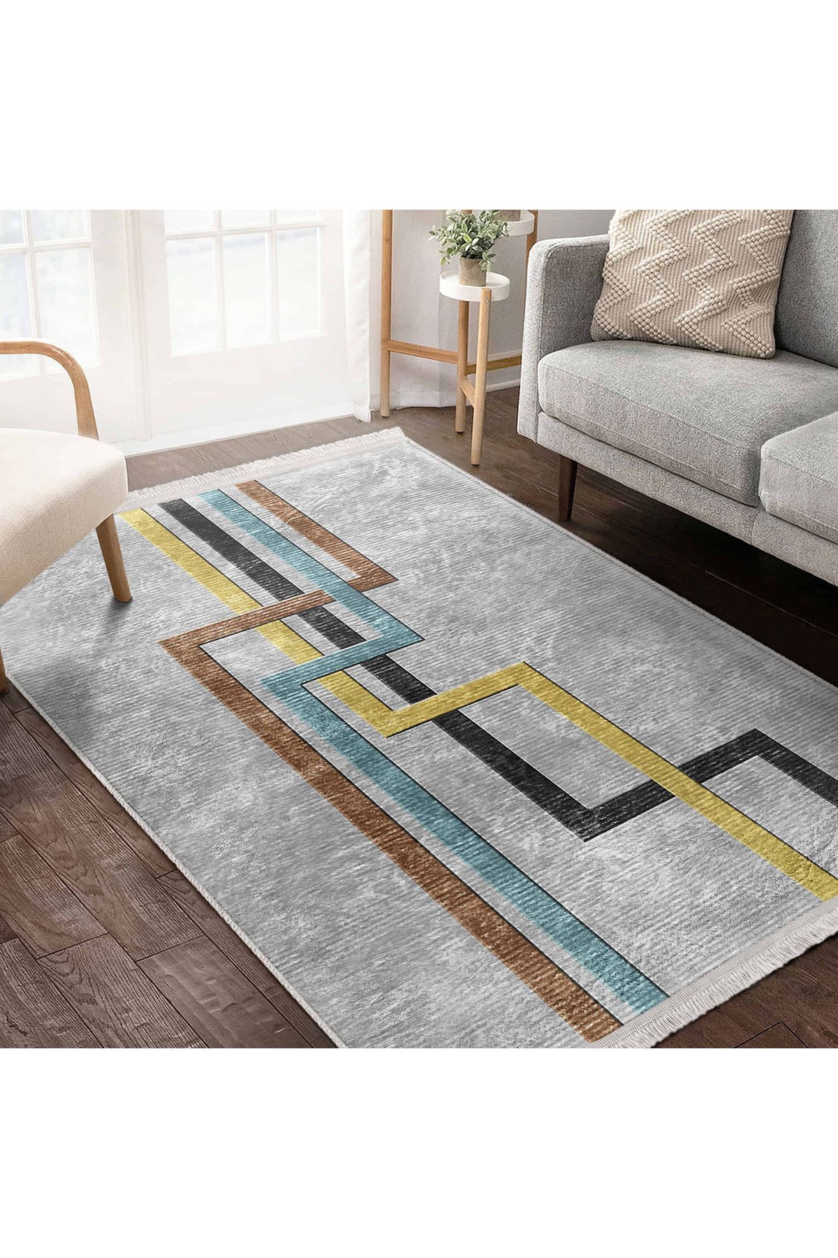 Realhomes Canlı Renklerle Modern Çizgili Desenli Dikdörtgen Modern Salon Halısı - Yıkanabilir ve Kaymaz taban