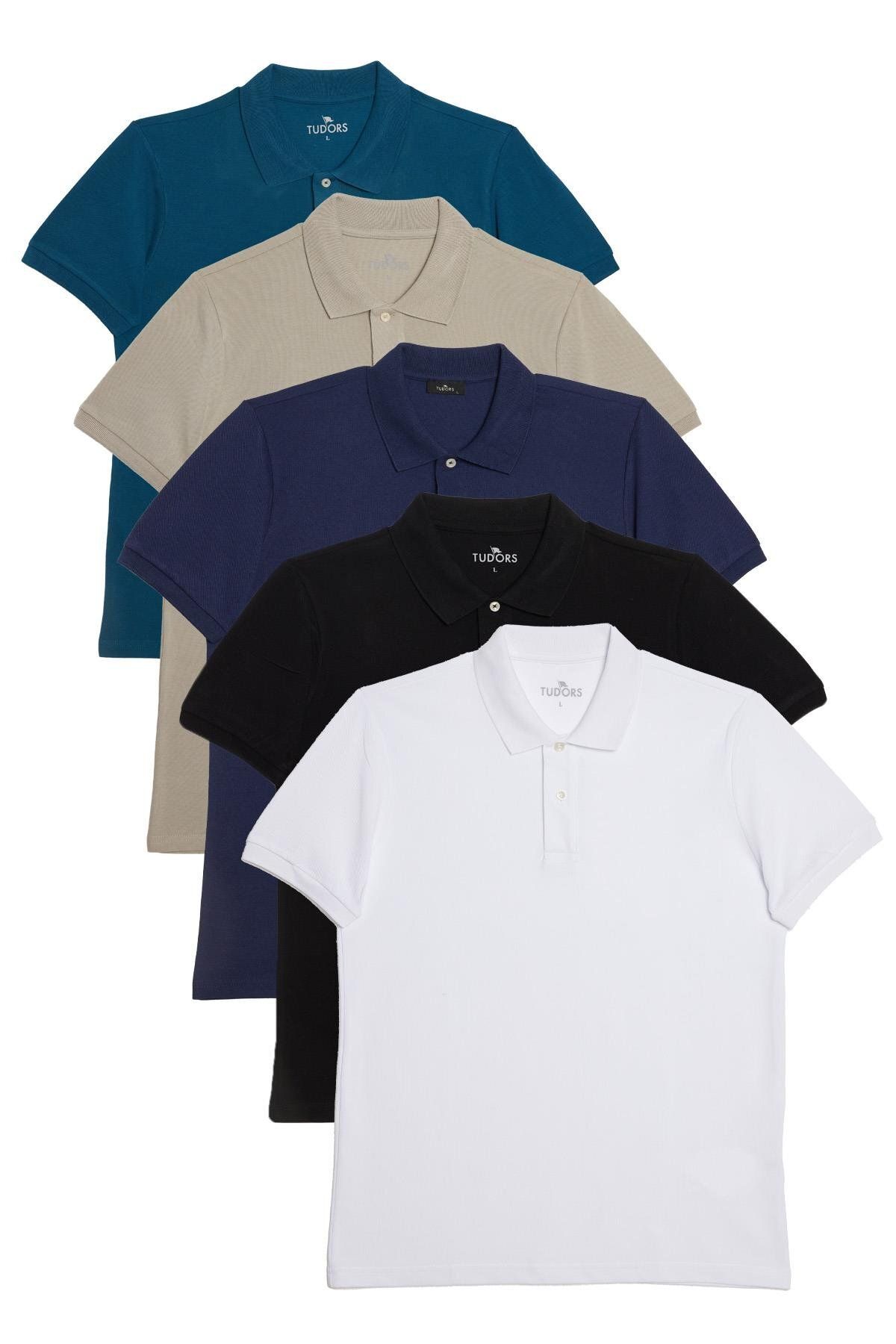 Tudors Erkek 5'li Paket Beyaz-Siyah-Lacivert-Haki-Mavi Slim Fit %100 Pamuk Düz Pike Polo Yaka Tişört