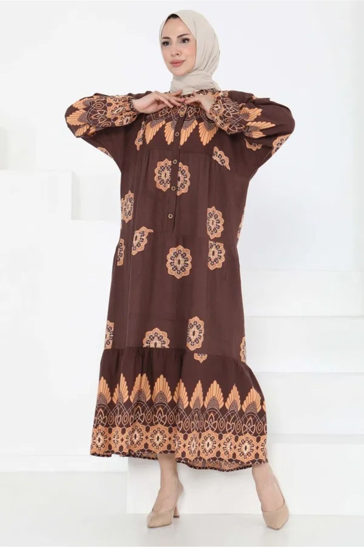 Aşkın fashion viskon desenli uzun elbise