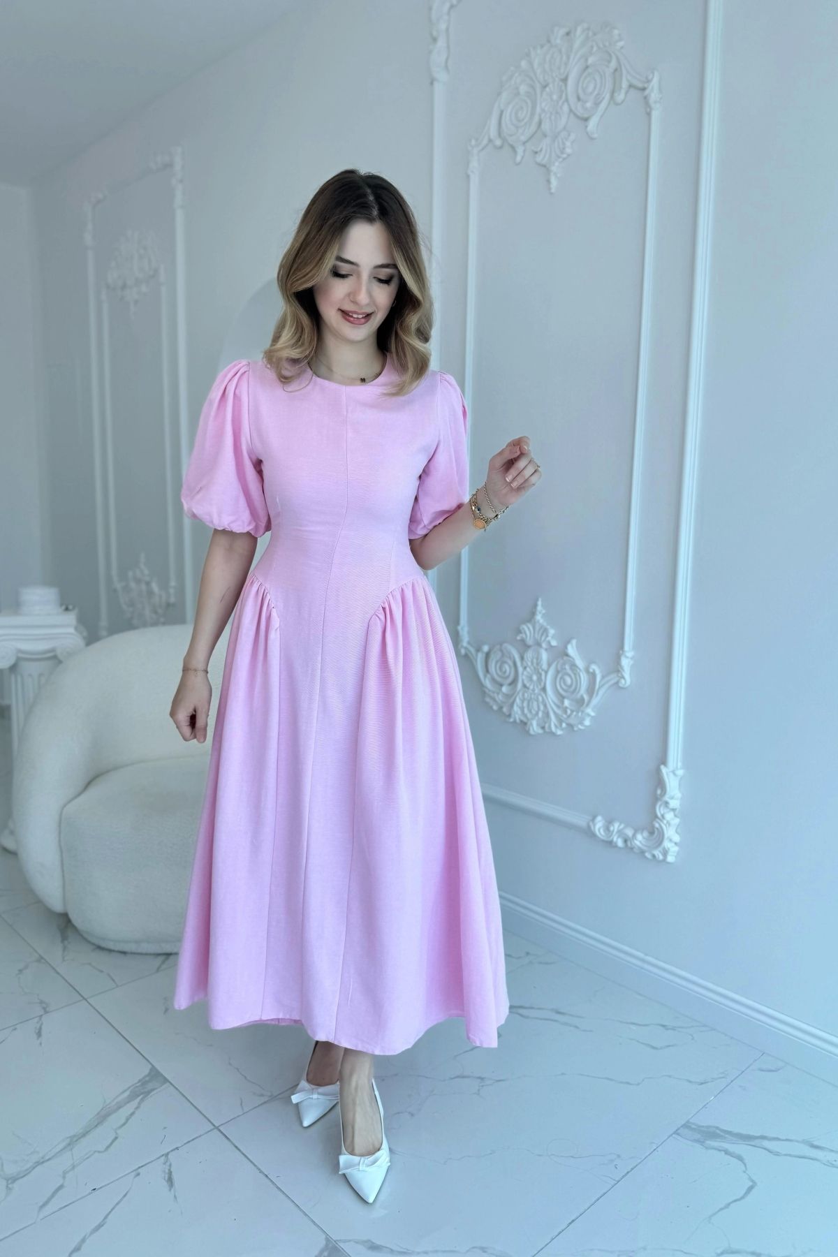 HELİS BUTİK Arkadan Bağlamalı Eteği Yanları Büzgülü Keten Pembe Elbise