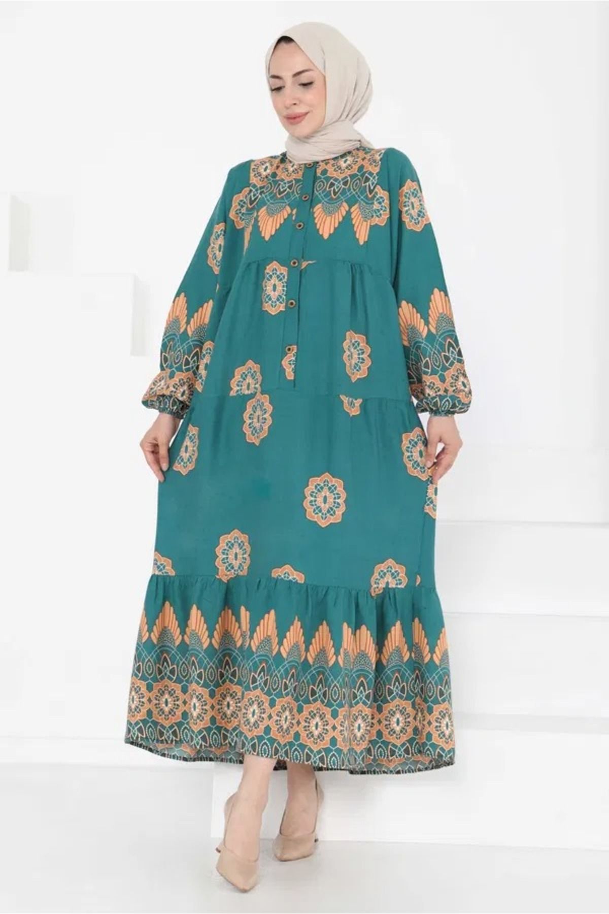 Aşkın fashion viskon desenli uzun elbise