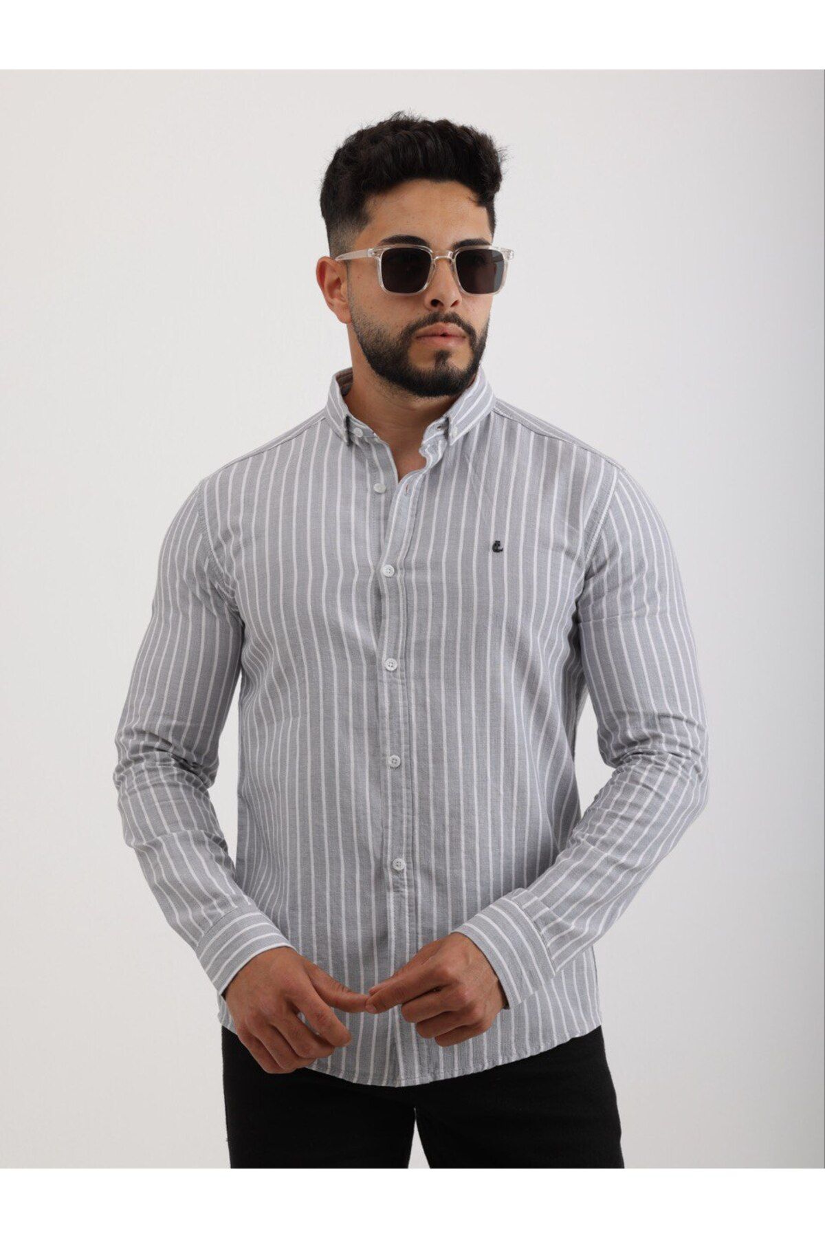 cliento Erkek Slim Fit Gri Çizgili Keten Gömlek