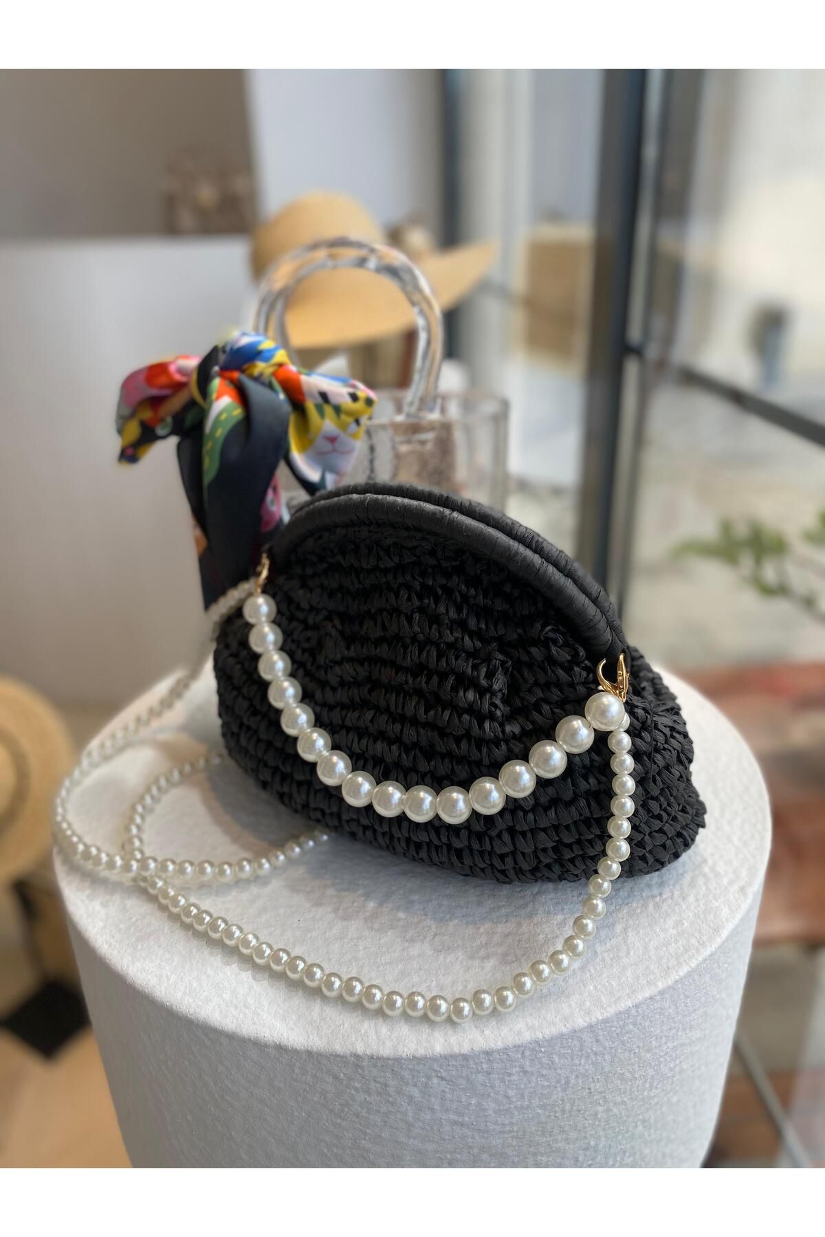 ZeynepKeskinDesign İnci Detaylı Kadın Hasır El ve Omuz Çantası, incili Örgü çanta, Portföy clutch çanta, astarlı