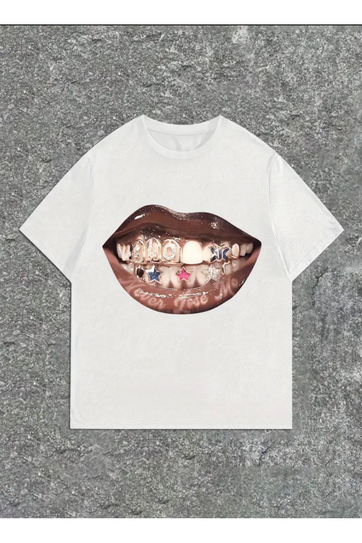 TRENDPUNKY Beyaz Grillz Hiphop Baskılı Y2K Oversize T-shirt