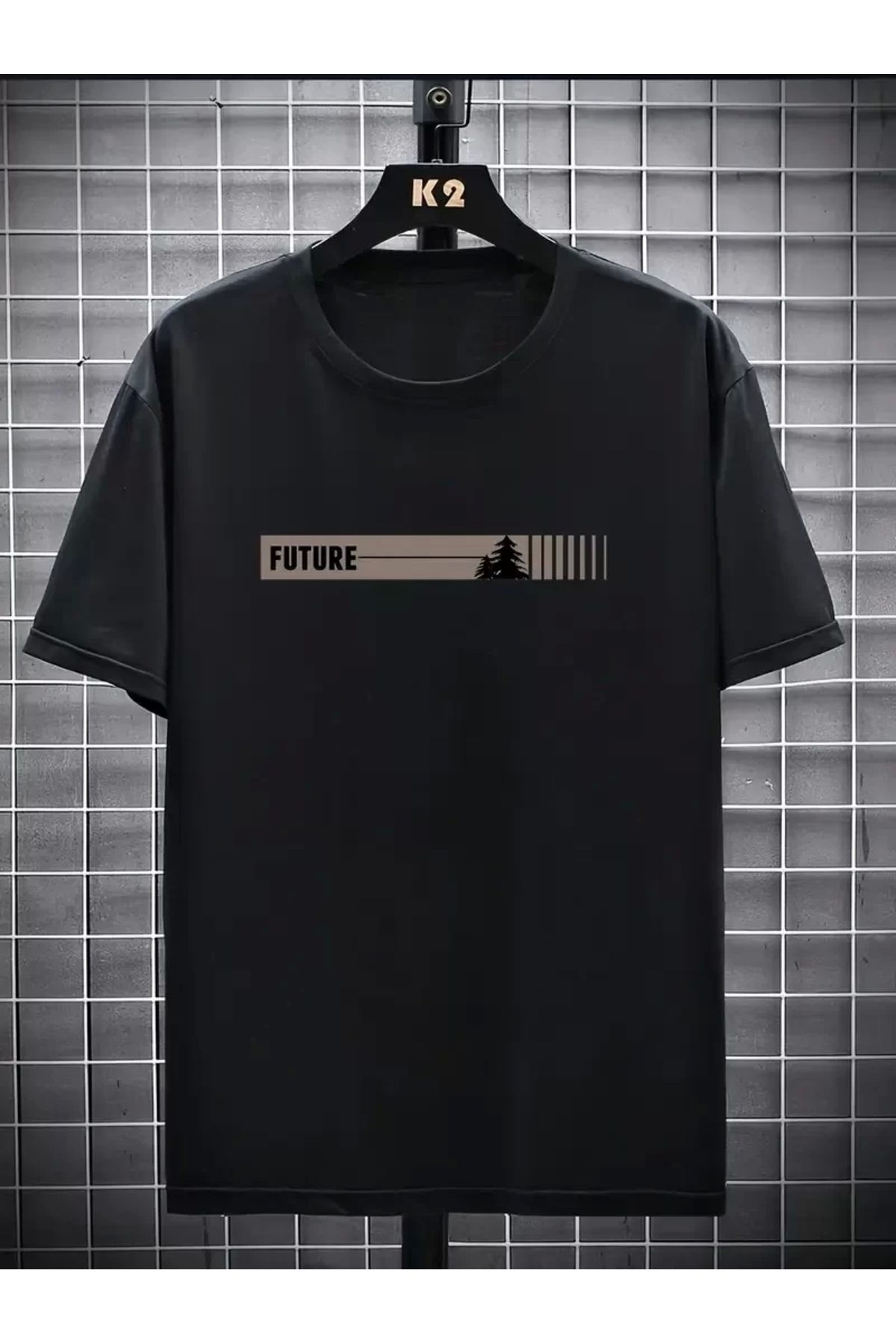 Robahood 20/1 Penye Compack FUTRE Baskılı Oversize Kısa Kol Bisiklet Yaka T-shirt - Siyah