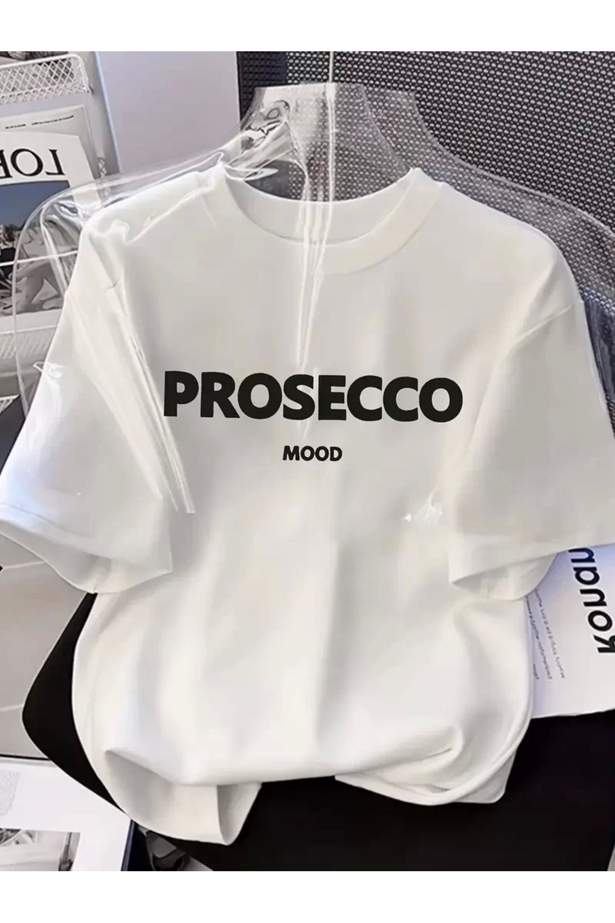 Robahood 20/1 Penye Compack Baskılı Oversize Kısa Kol Bisiklet Yaka T-shirt - Beyaz
